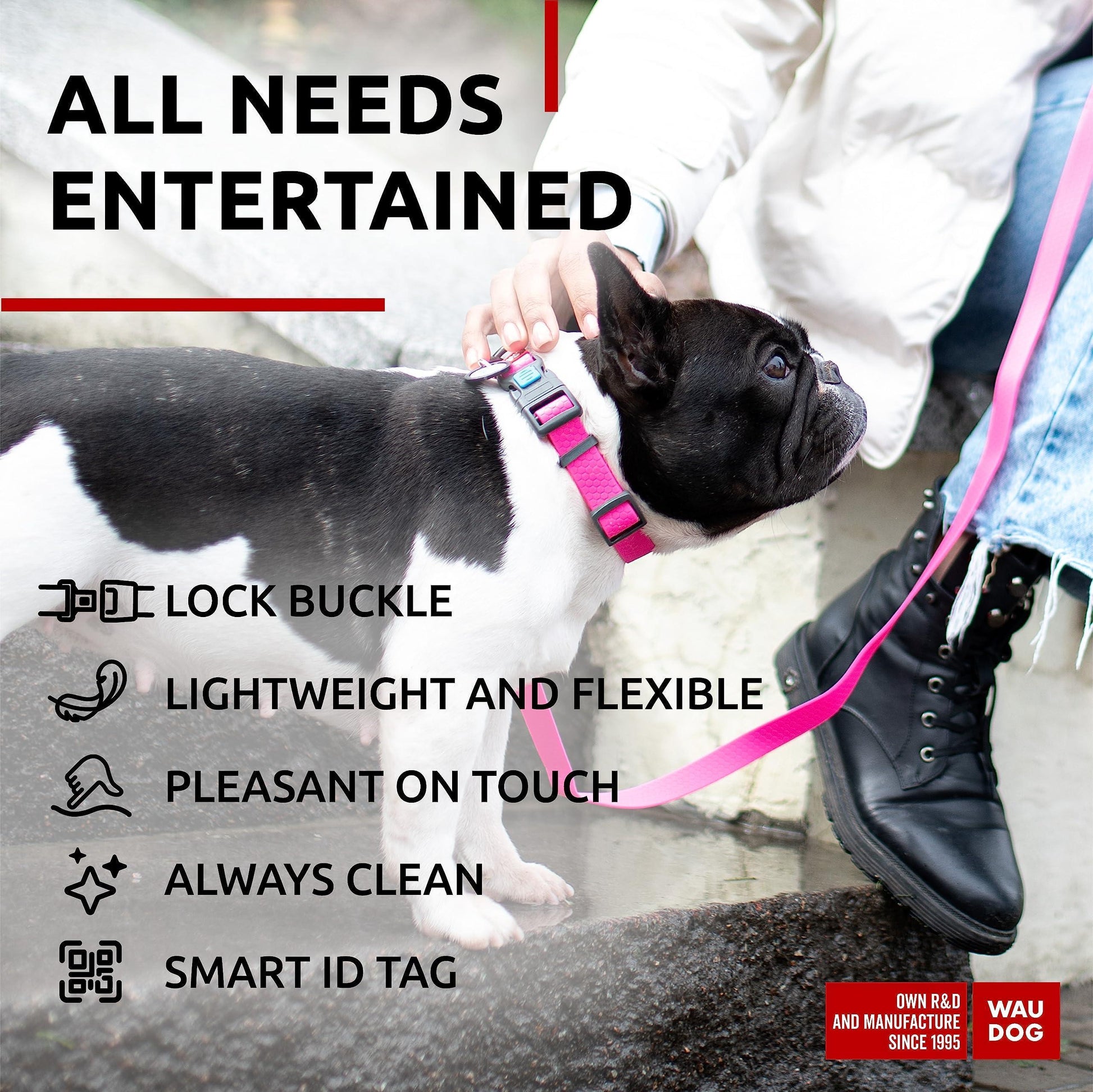 WAUDOG Adjustable Waterproof Heavy Duty Dog Collar with Durable Plastic Buckle and QR Dog Tag. MEDIUM (Pink) For Pet With Love