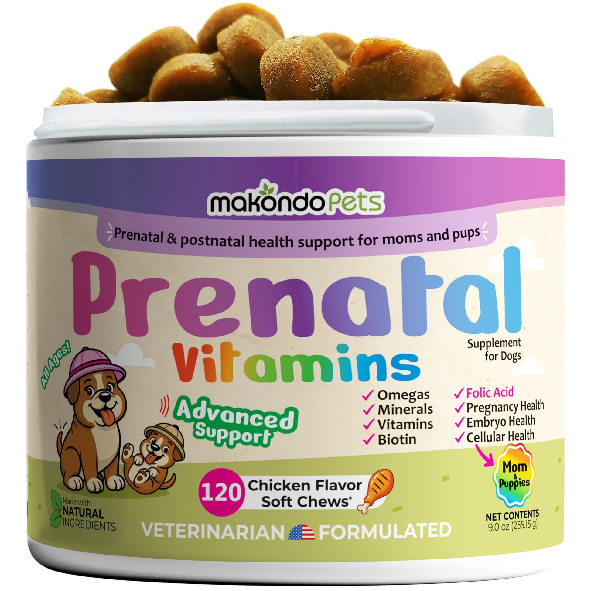 Makondo Pets Dog Prenatal Multivitamin Chews with Folic Acid, Zinc, Vitamin B Complex, DHA & EPA Omegas and Probiotics Supplement for Pregnant, Nursing, Breastfeeding Pet. Mom & Puppy Vitamin Formula. 120 Chews. Chicken Flavor For Pet With Love