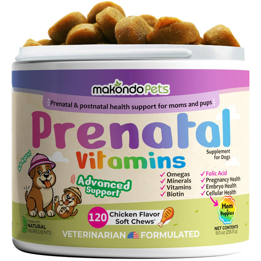 Makondo Pets Dog Prenatal Multivitamin Chews with Folic Acid, Zinc, Vitamin B Complex, DHA & EPA Omegas and Probiotics Supplement for Pregnant, Nursing, Breastfeeding Pet. Mom & Puppy Vitamin Formula. 120 Chews. Chicken Flavor For Pet With Love