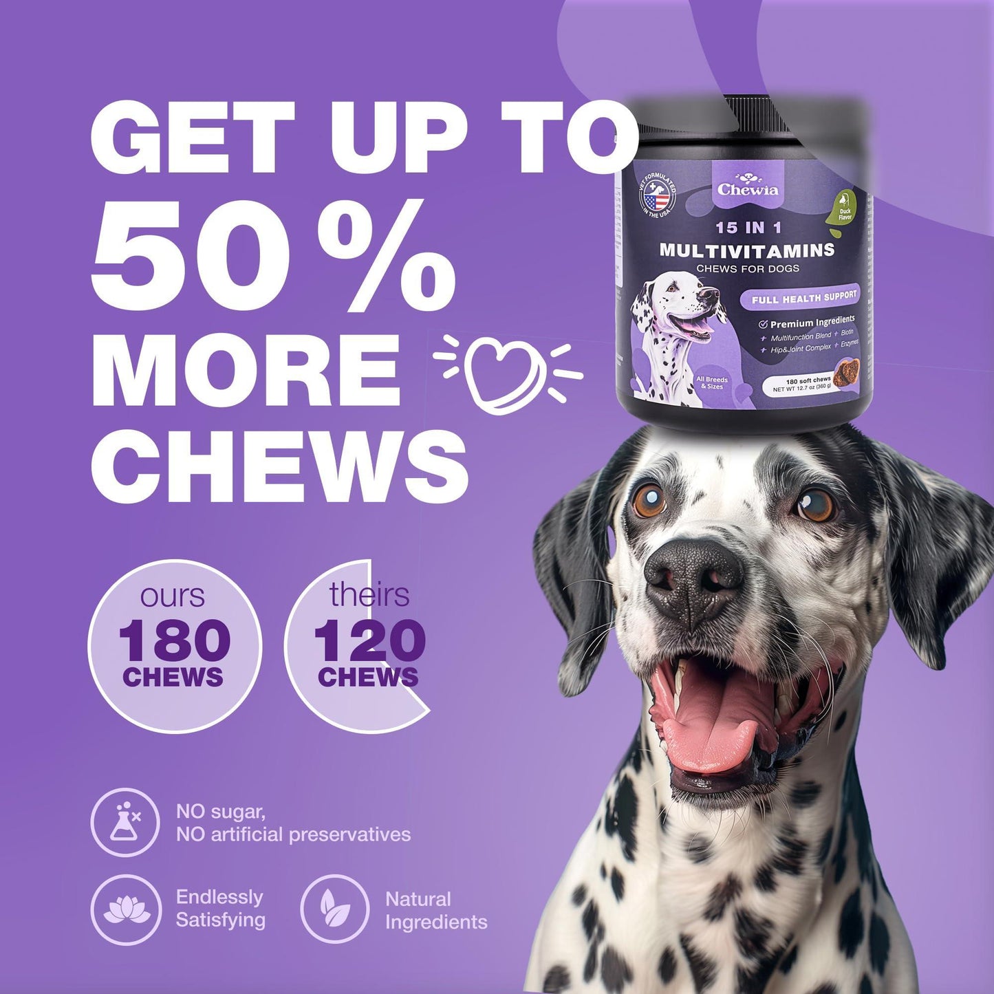 CHEWIA 15in1 Dog Multivitamin Immune Support, Skin & Coat, Mobility Support 180 Ct For Pet With Love