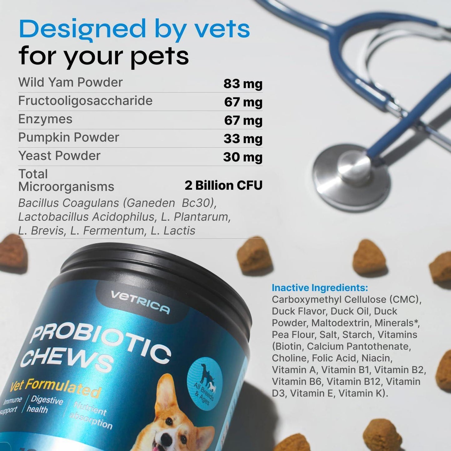 VETRICA Probiotic Digestive and Gut Health Immune System Support Supplement Chews for Dogs. Diarrhea and Bowel Support Supplement.  Made in USA. 130 Chews. For Pet With Love