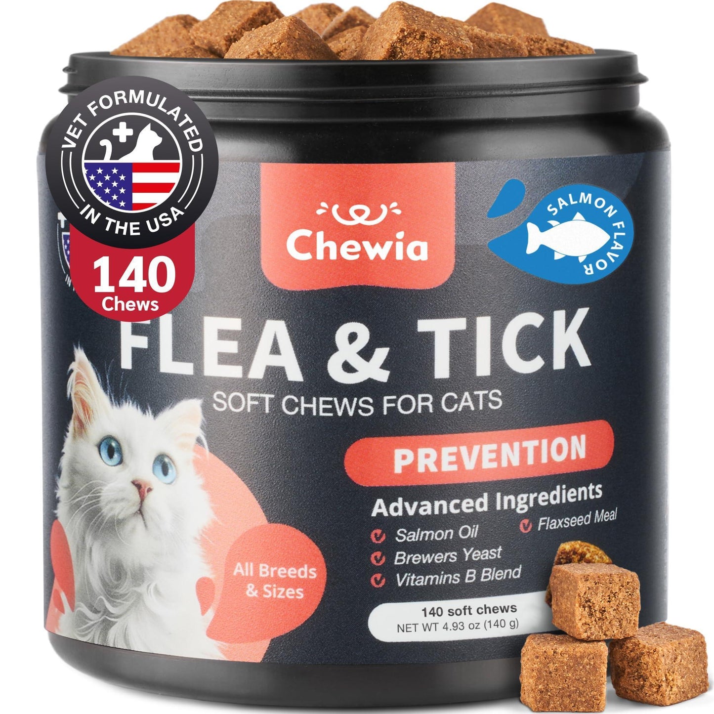 CHEWIA Daily Oral Salmon Flavored Flea and Tick Treatment Supplement for Cats. Soft Treats for All Breeds & Ages (140 Chews) For Pet With Love