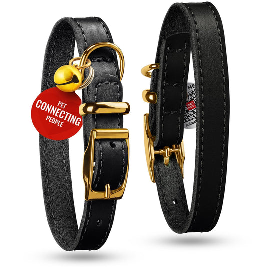 WAUDOG Leather Cat Collar with Removable Bell and QR ID Tag. BLACK. MEDIUM For Pet With Love