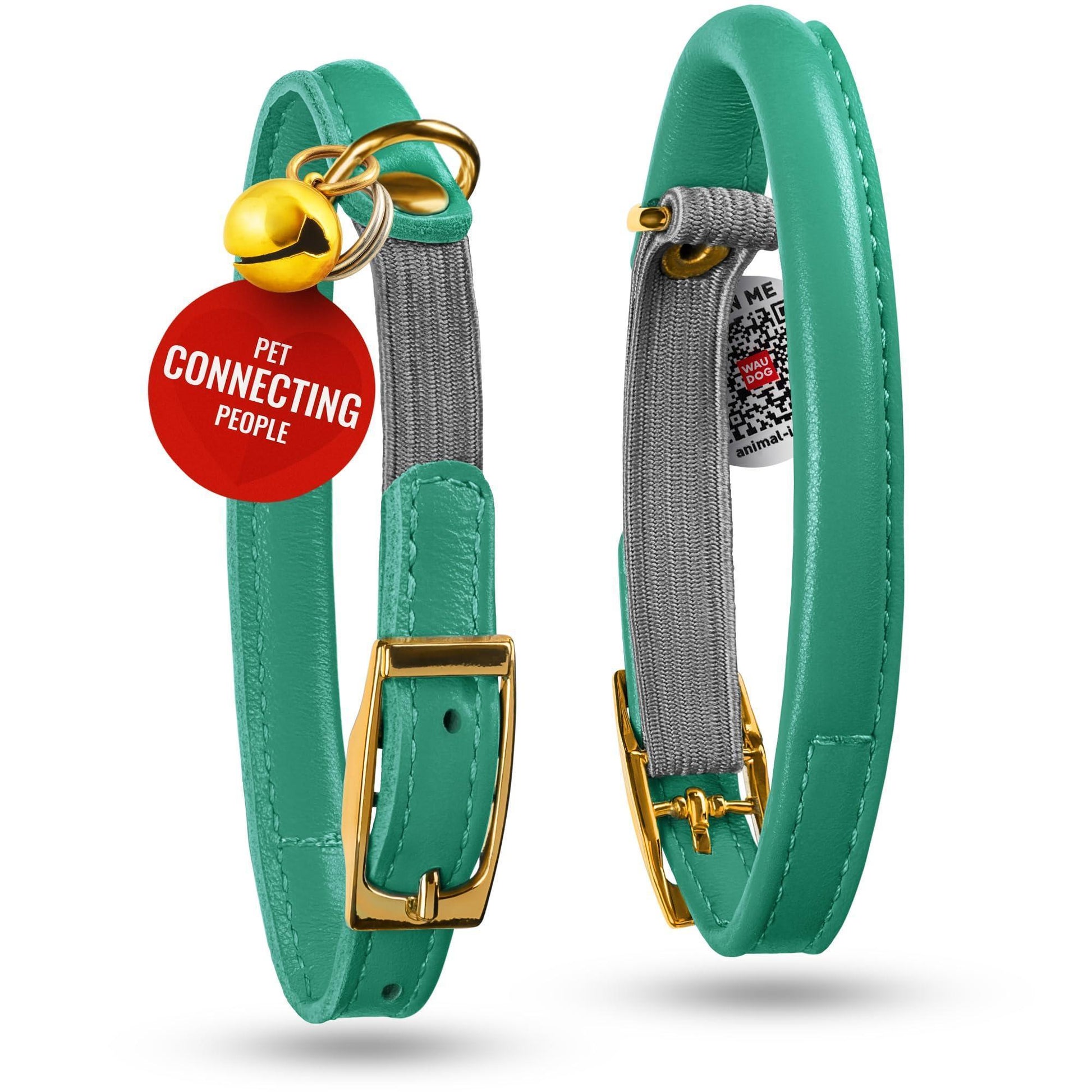 WAUDOG Ultra Soft Rolled Leather Cat Collar with Removable Bell Safety Elastic Strap and QR ID Tag. Mint Green. (Medium) For Pet With Love