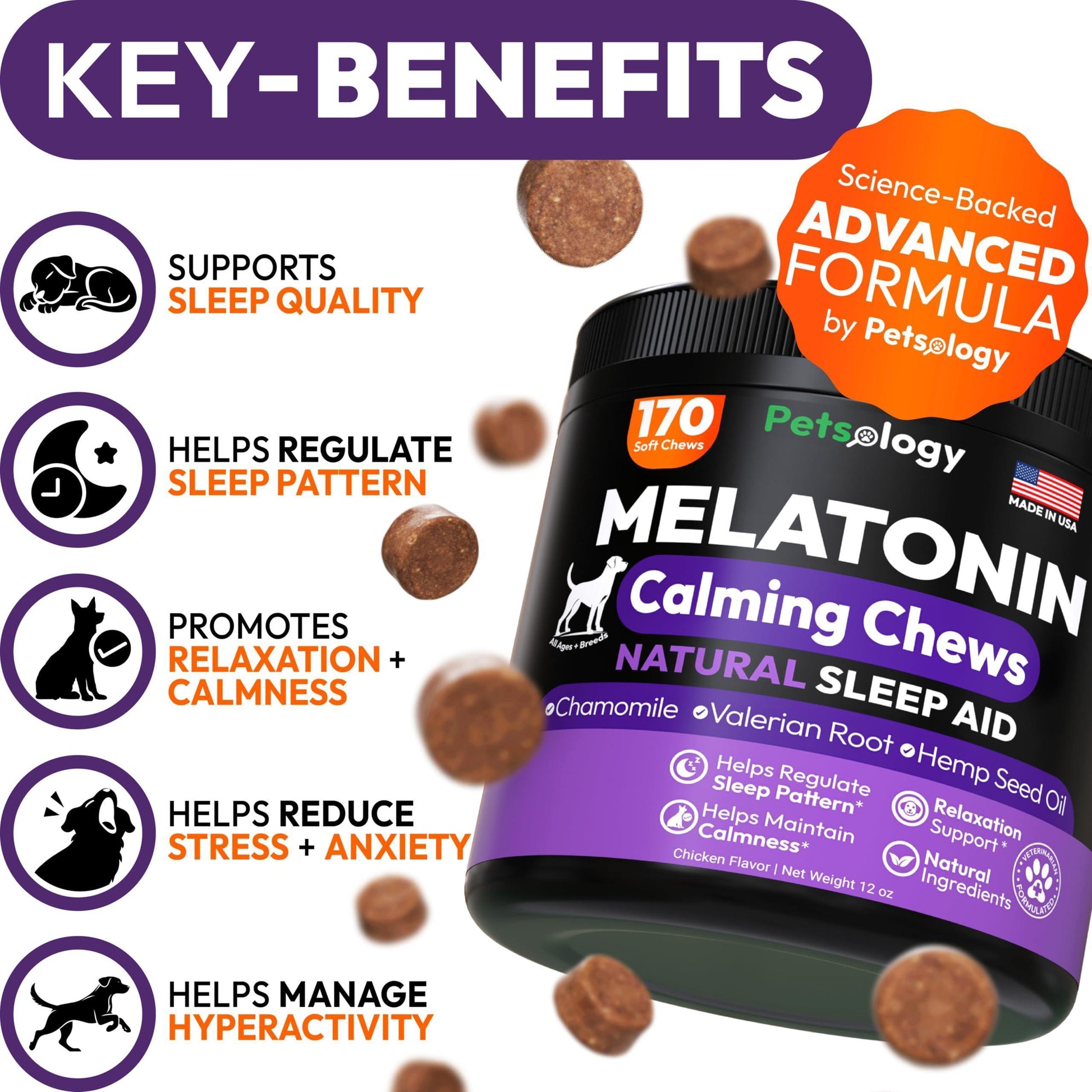 PETSOLOGY Melatonin Calming Chews for Dogs Natural Sleep Aid with Hemp Seed Oil, Chamomile, Valerian Root. Made in USA (170 Chews. Chicaken Flavor) For Pet With Love