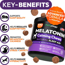Load image into Gallery viewer, PETSOLOGY Melatonin Calming Chews for Dogs Natural Sleep Aid with Hemp Seed Oil, Chamomile, Valerian Root. Made in USA (170 Chews. Chicaken Flavor) For Pet With Love
