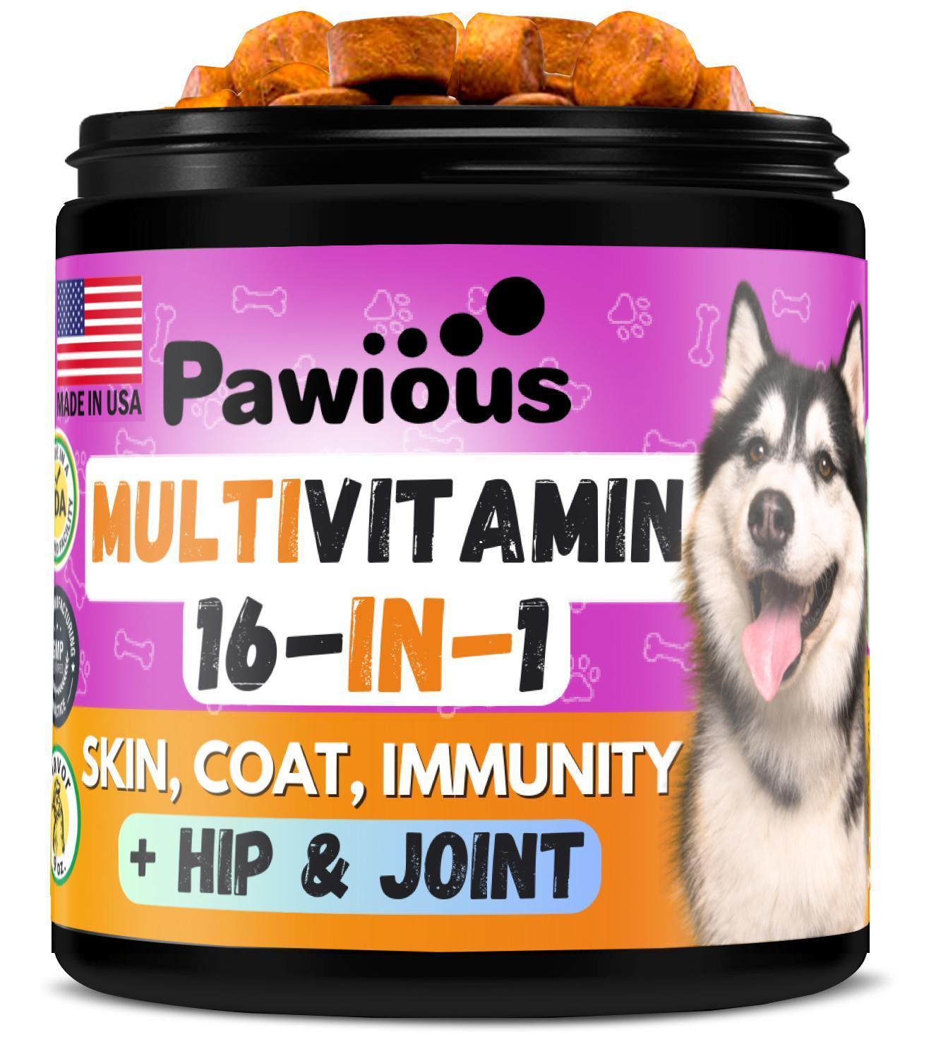 PAWIOUS Dog Multivitamin Chewable Supplement with Glucosamine 16in1 (120 Chews) For Pet With Love