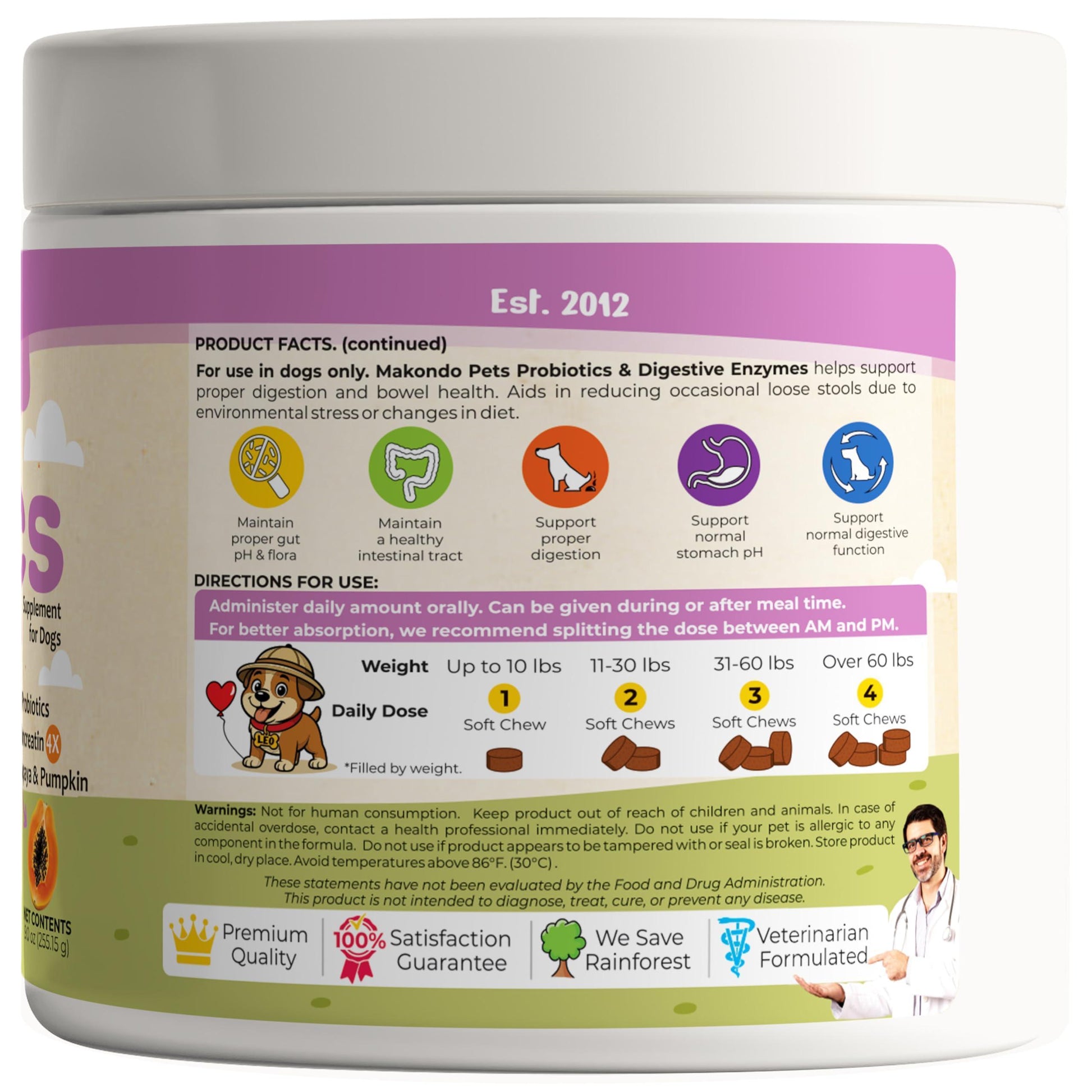 Makondo Pets Digestive Enzymes Probiotics Advanced Supplement Support for Gut Health, Gas, Diarrhea & Constipation Relief  120 Chews. Chicken Flavor For Pet With Love