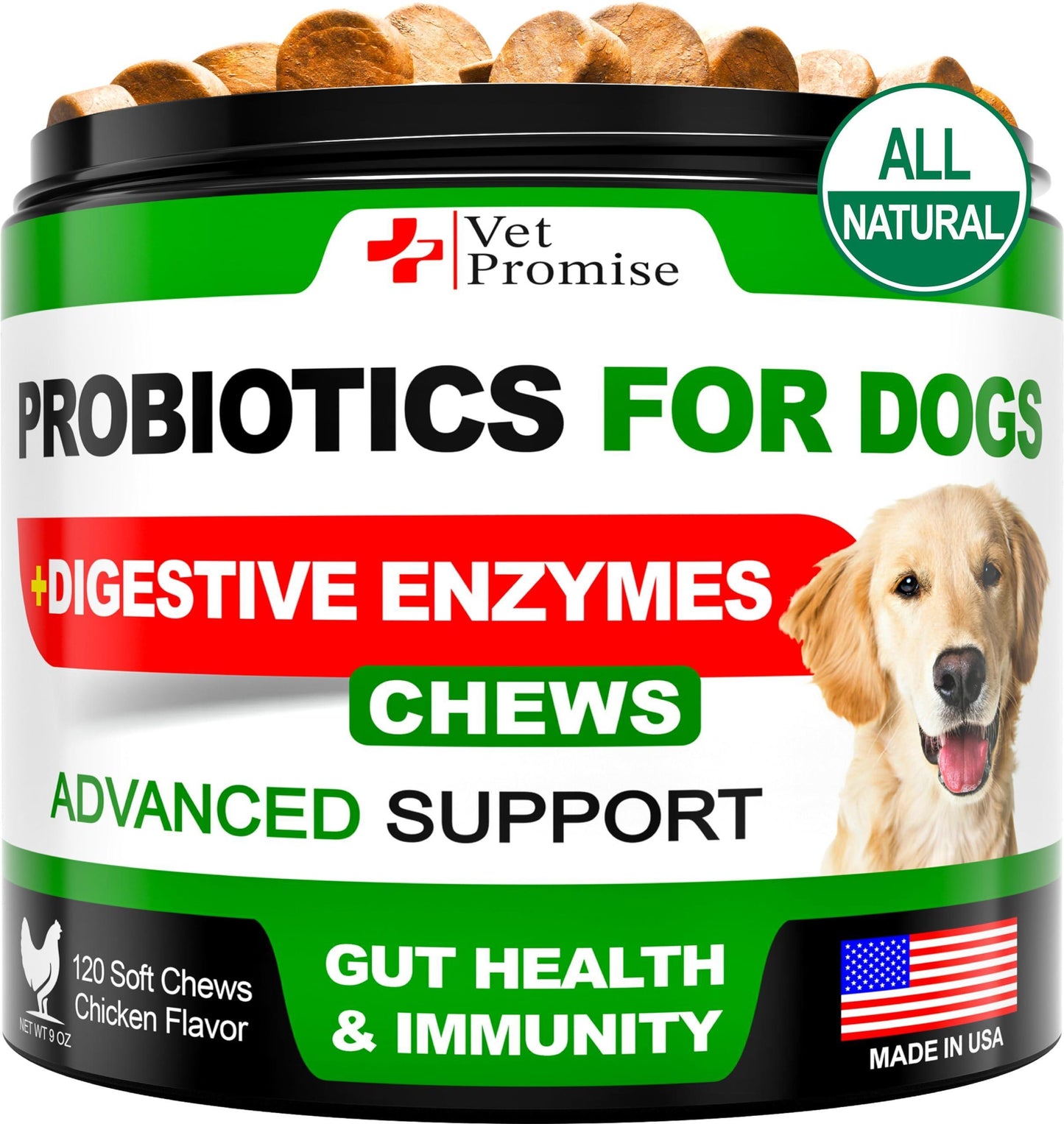 Vet Promise Dog Probiotics and Digestive Enzymes for Gut Health, Itchy Skin Allergies, Immunity Yeast Balance 120 Chews For Pet With Love
