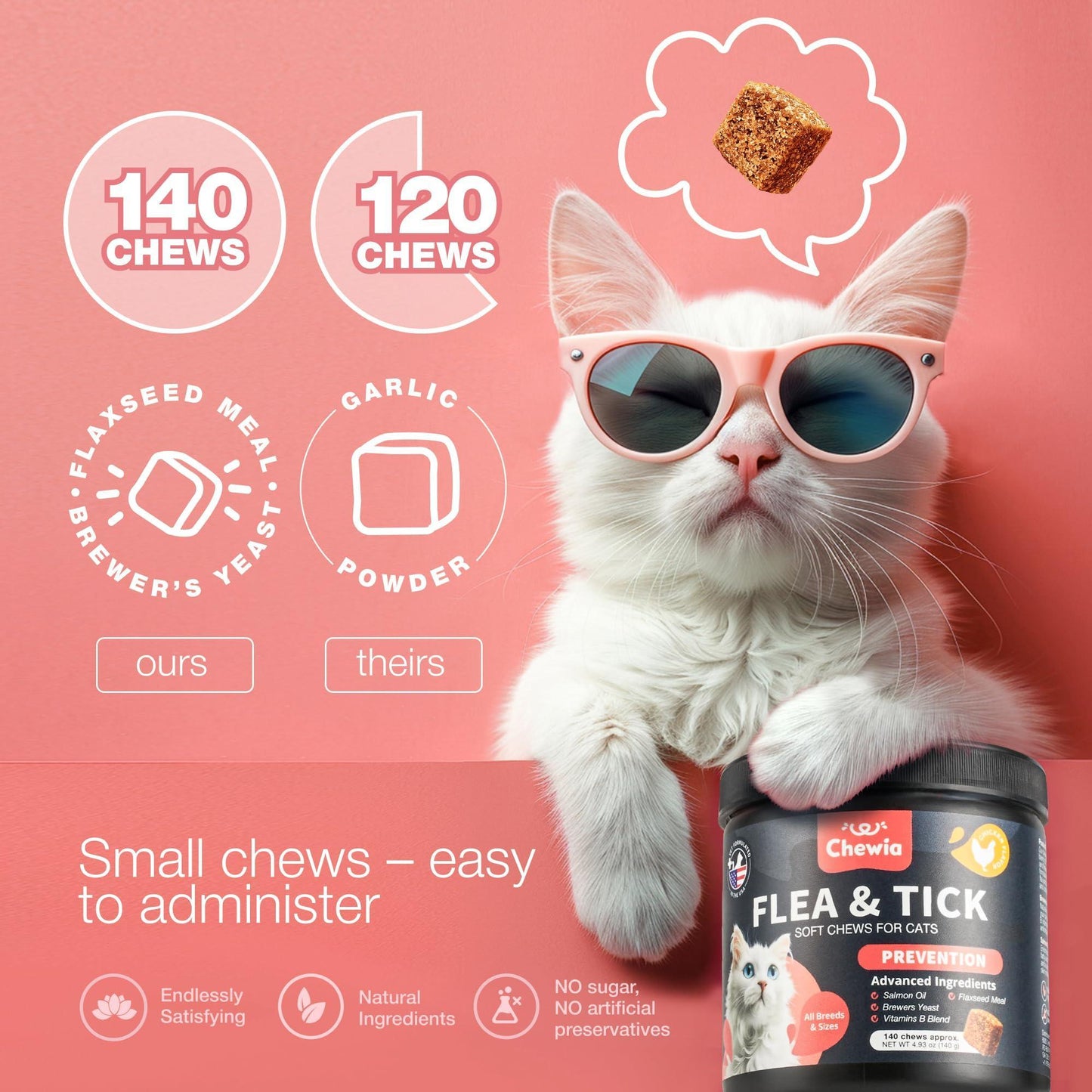 CHEWIA Daily Oral Cat Flea and Tick Treatment Chews for Cats. Natural Chicken Flavor  For All Breeds & Ages. 140 Chews