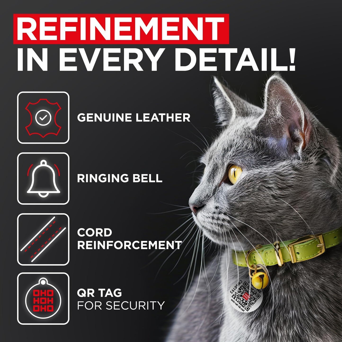 WAUDOG Leather Cat Collar with Removable Bell and QR ID Tag. GREEN. SMALL For Pet With Love