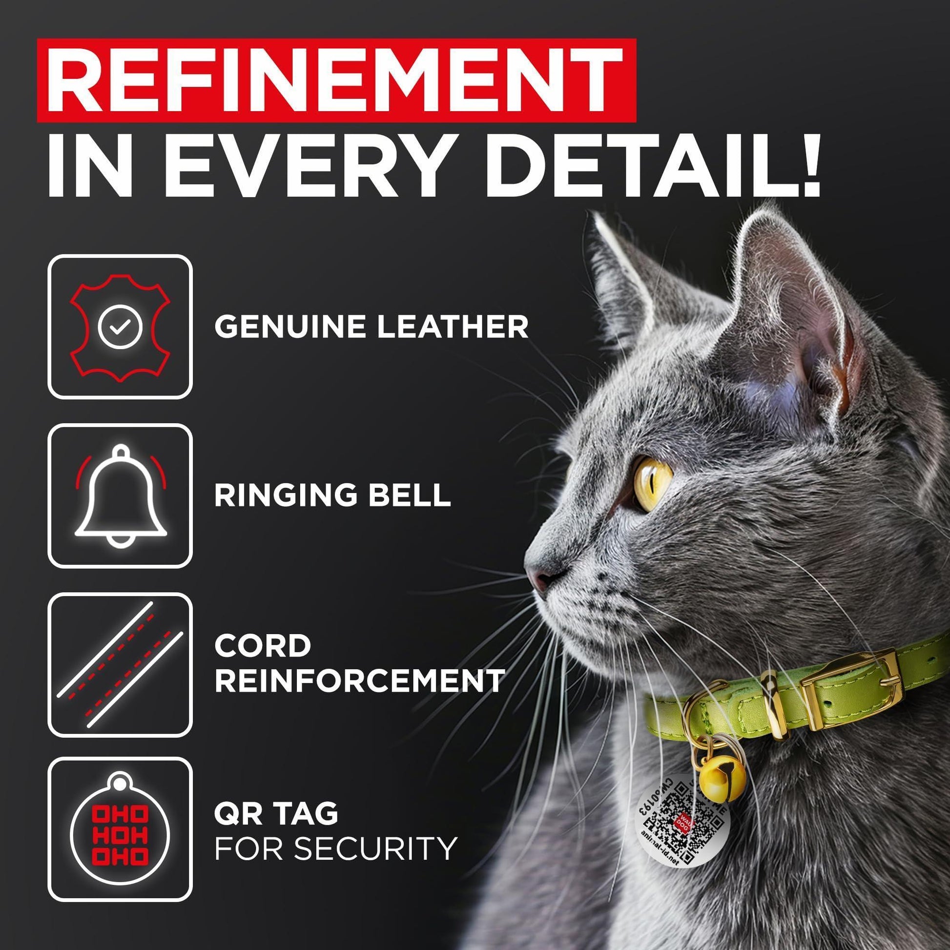 WAUDOG Leather Cat Collar with Removable Bell and QR ID Tag. GREEN. SMALL For Pet With Love