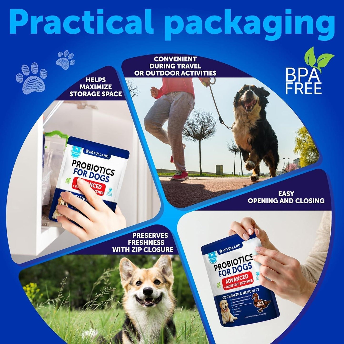 Artullano Probiotics and Digestive Enzymes for Dogs. Gut Health, Itchy Skin Allergies & Immunity Support.  70 Chews. Duck Flavor. Made in the USA. For Pet With Love