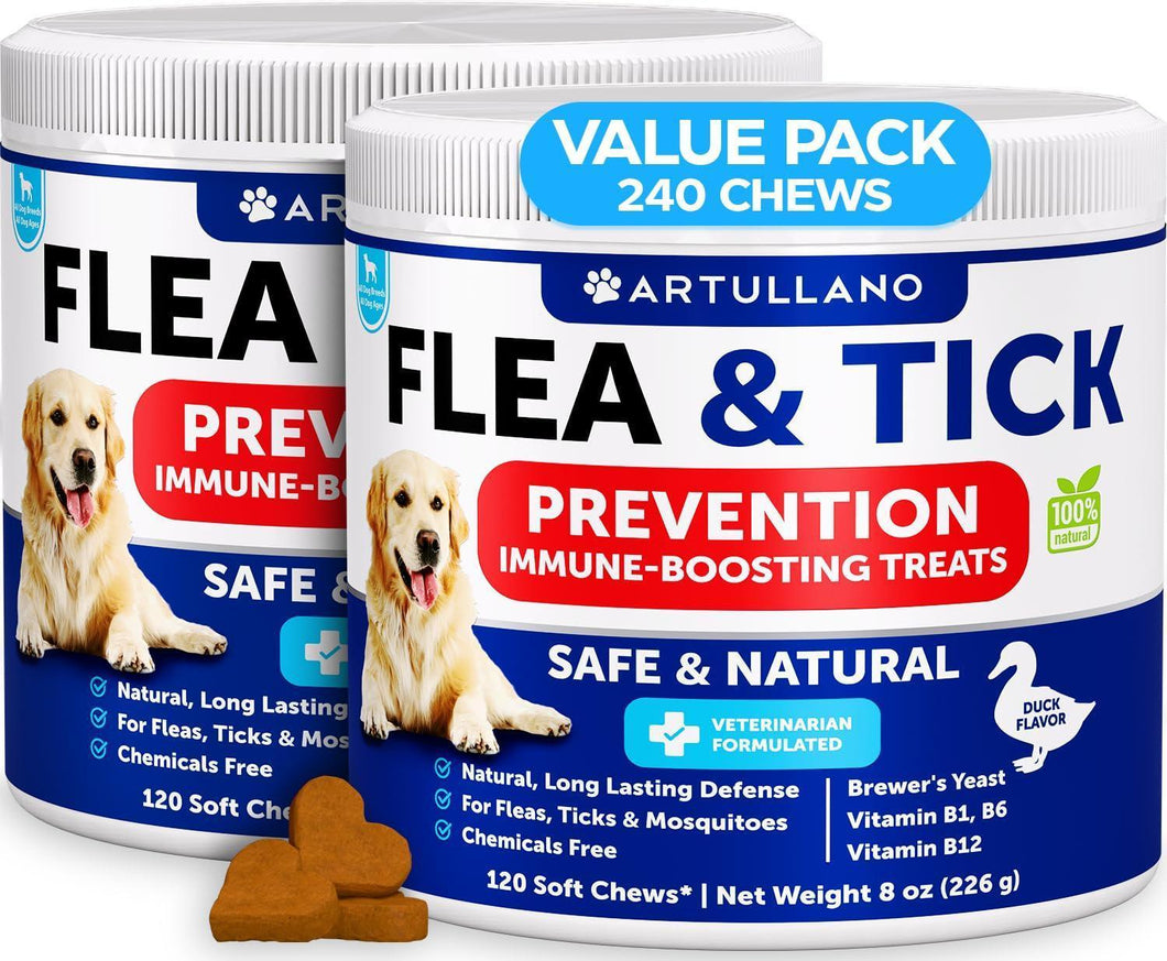Artullano Natural Flea and Tick Supplement for Dogs. Flea and Tick Prevention Chewables with Vitamins B1, B6, B12.  Made in USA. (240 Chews. 2 Pack) For Pet With Love