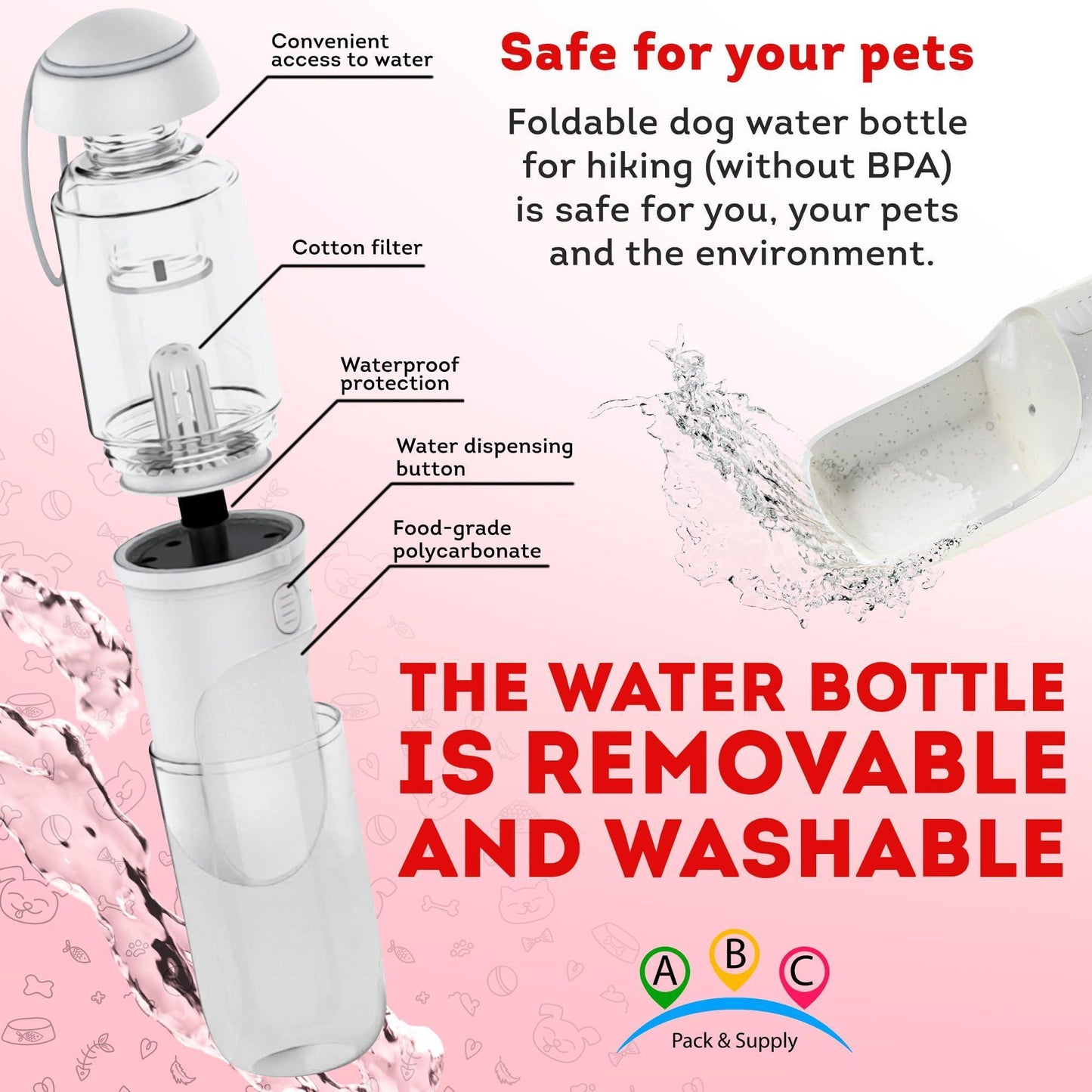 Portable DogTravel Water Bottle with Silicone Strap & Cotton Filter. 12 Oz. For Pet With Love