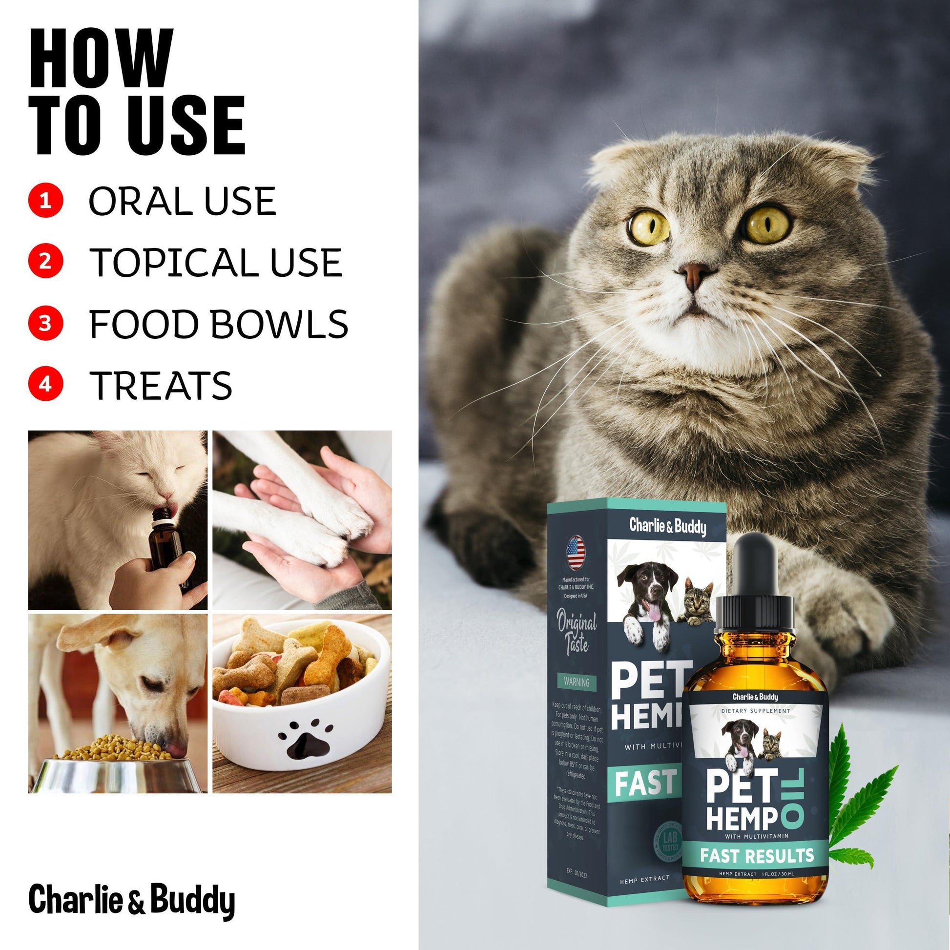 Charlie & Buddy Hemp Oil for Dogs and Cats Helps Pets with Anxiety, Pain, Stress, Sleep, Arthritis, Seizures Relief, Joint Health, Calming For Pet With Love