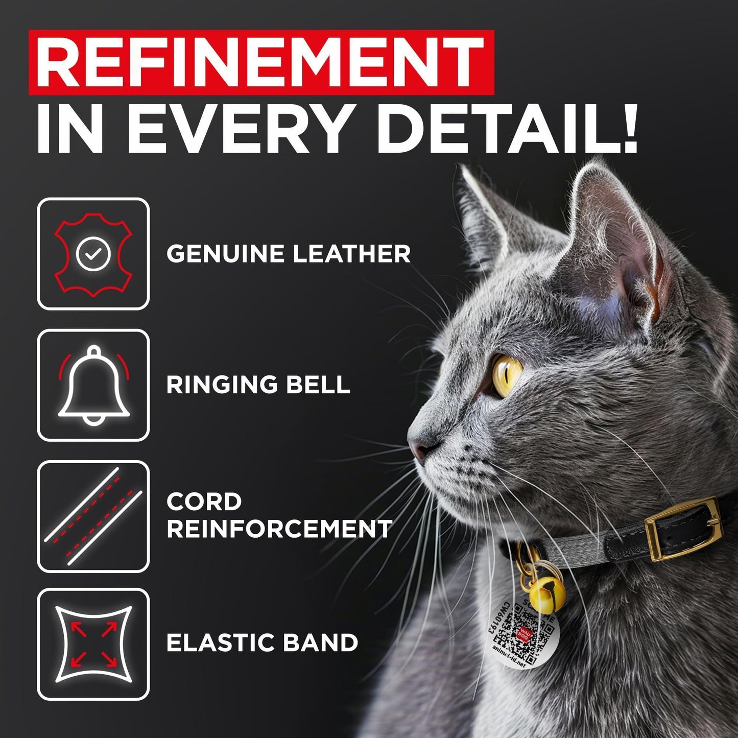WAUDOG Ultra Soft Rolled Leather Cat Collar with Removable Bell Safety Elastic Strap and QR ID Tag. Black. (Small) For Pet With Love