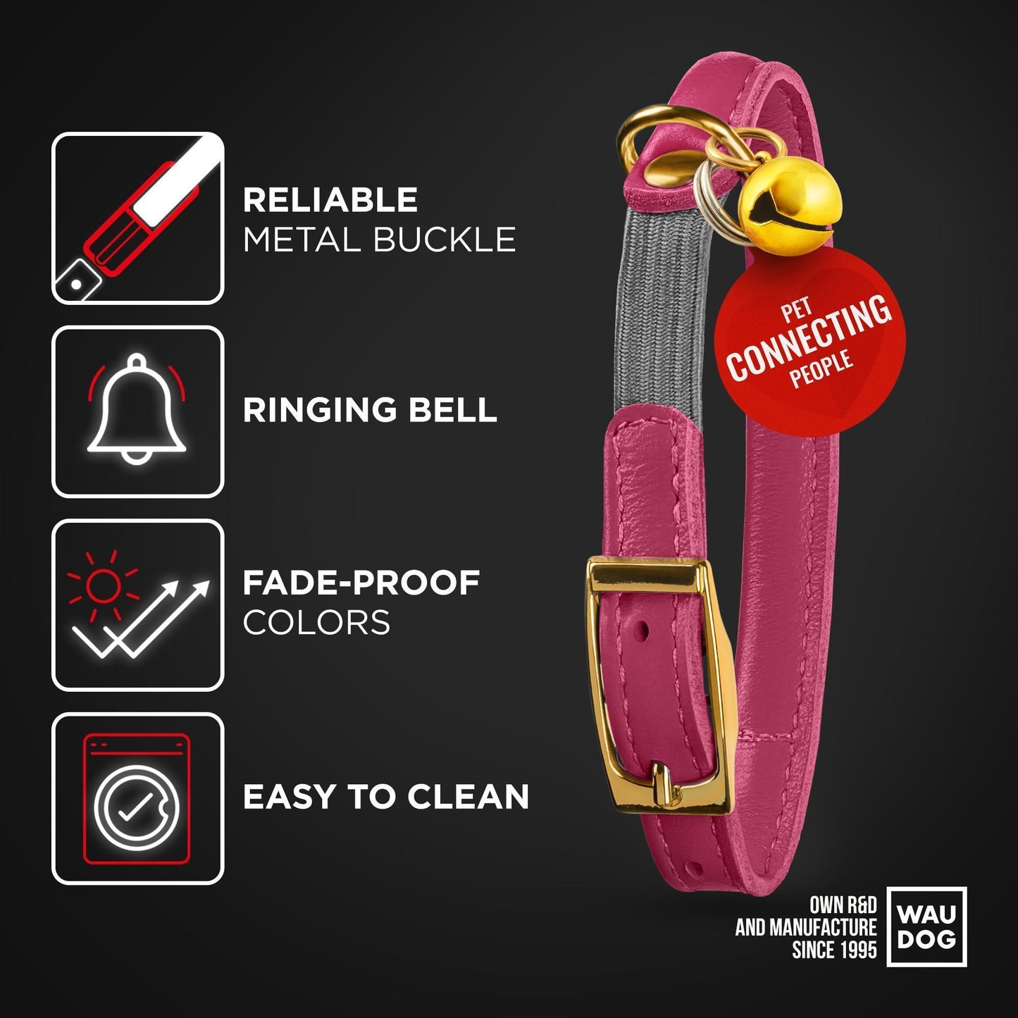 WAUDOG Ultra Soft Rolled Leather Cat Collar with Removable Bell Safety Elastic Strap and QR ID Tag. Pink. (SMALL) For Pet With Love
