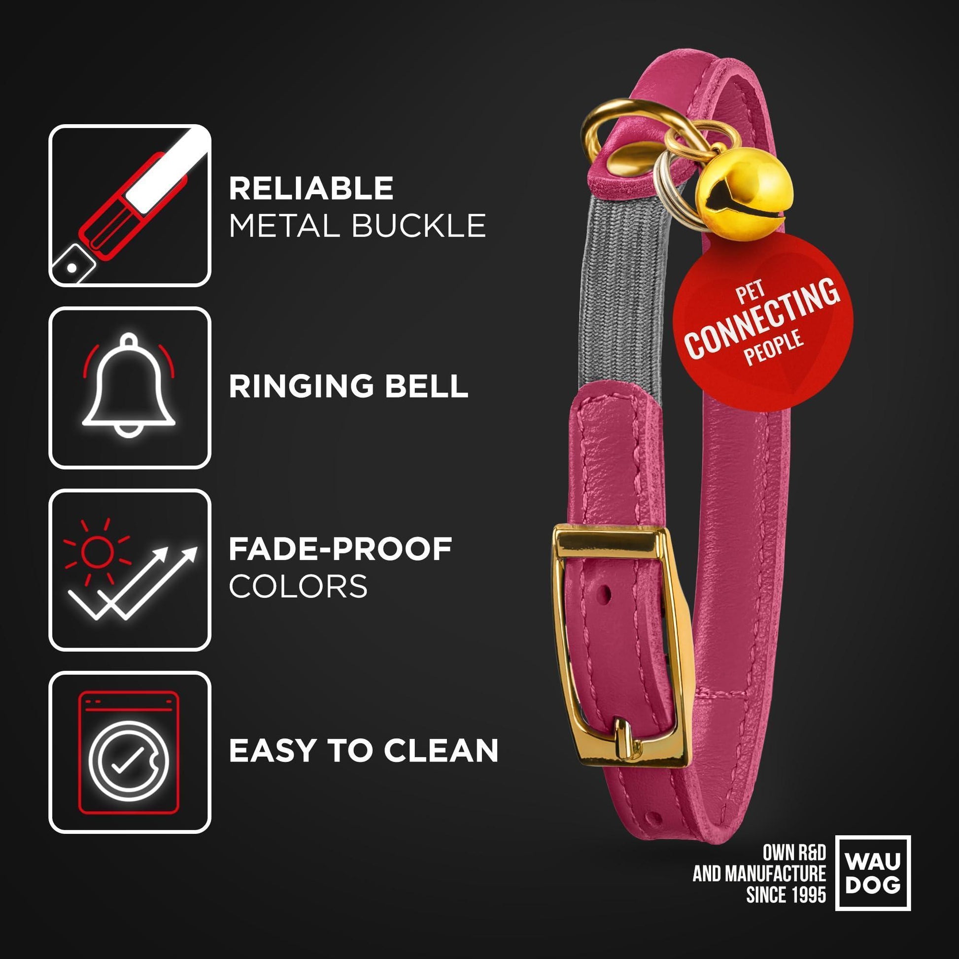 WAUDOG Ultra Soft Rolled Leather Cat Collar with Removable Bell Safety Elastic Strap and QR ID Tag. Pink. (SMALL) For Pet With Love