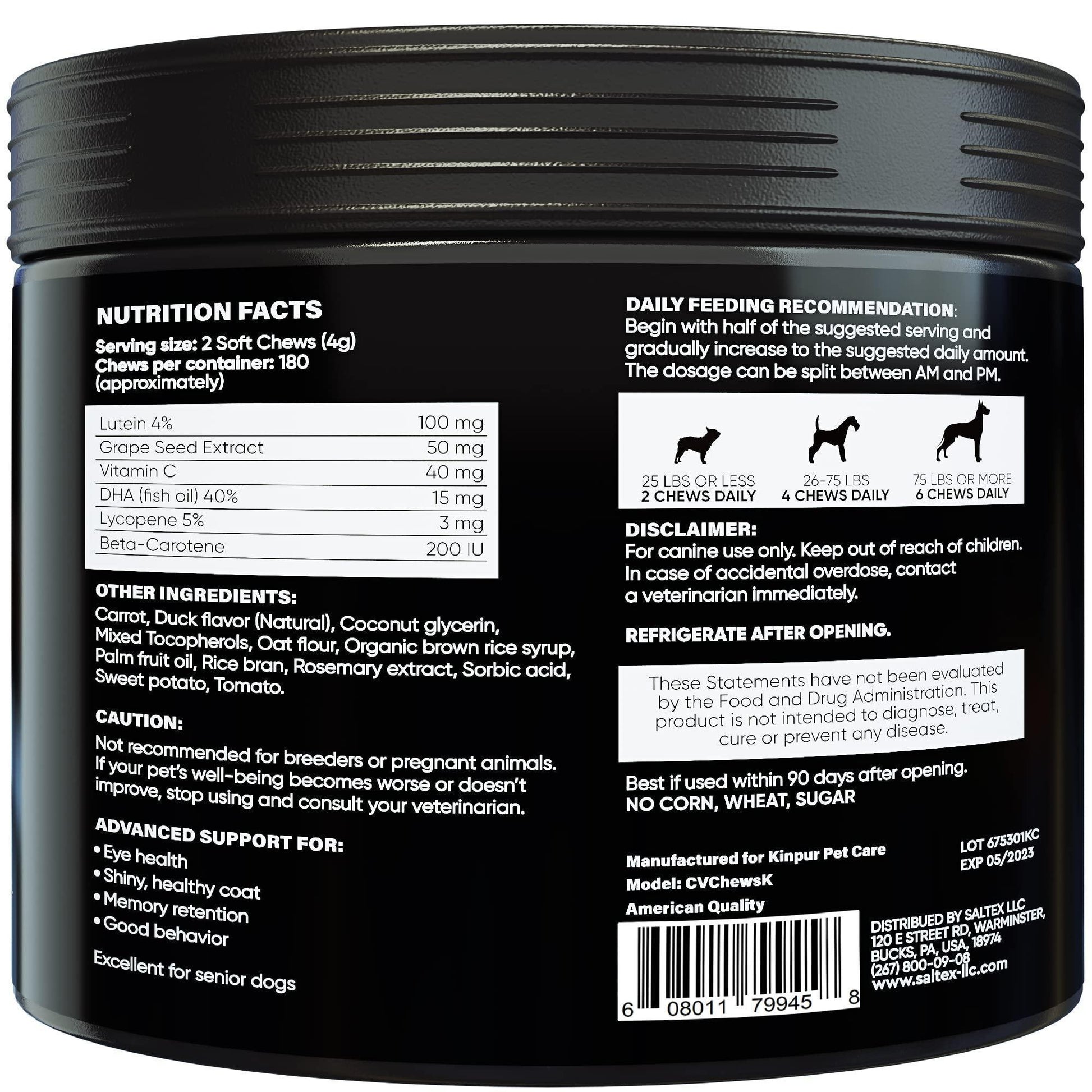 Kinpur Pet Care Dog Vision Supplement for Tear Stains, Dog Eye Care, Immune Support  180 Soft Chews with Duck Flavor For Pet With Love