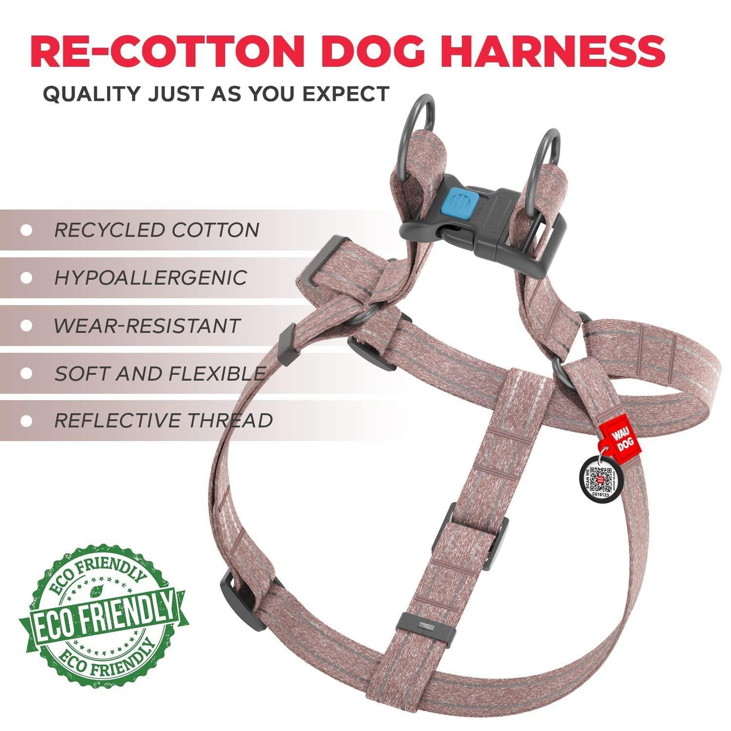 WAUDOG Re Cotton Dog Harness Eco Friendly Dog Harness for Small Dogs Medium & For Pet With Love