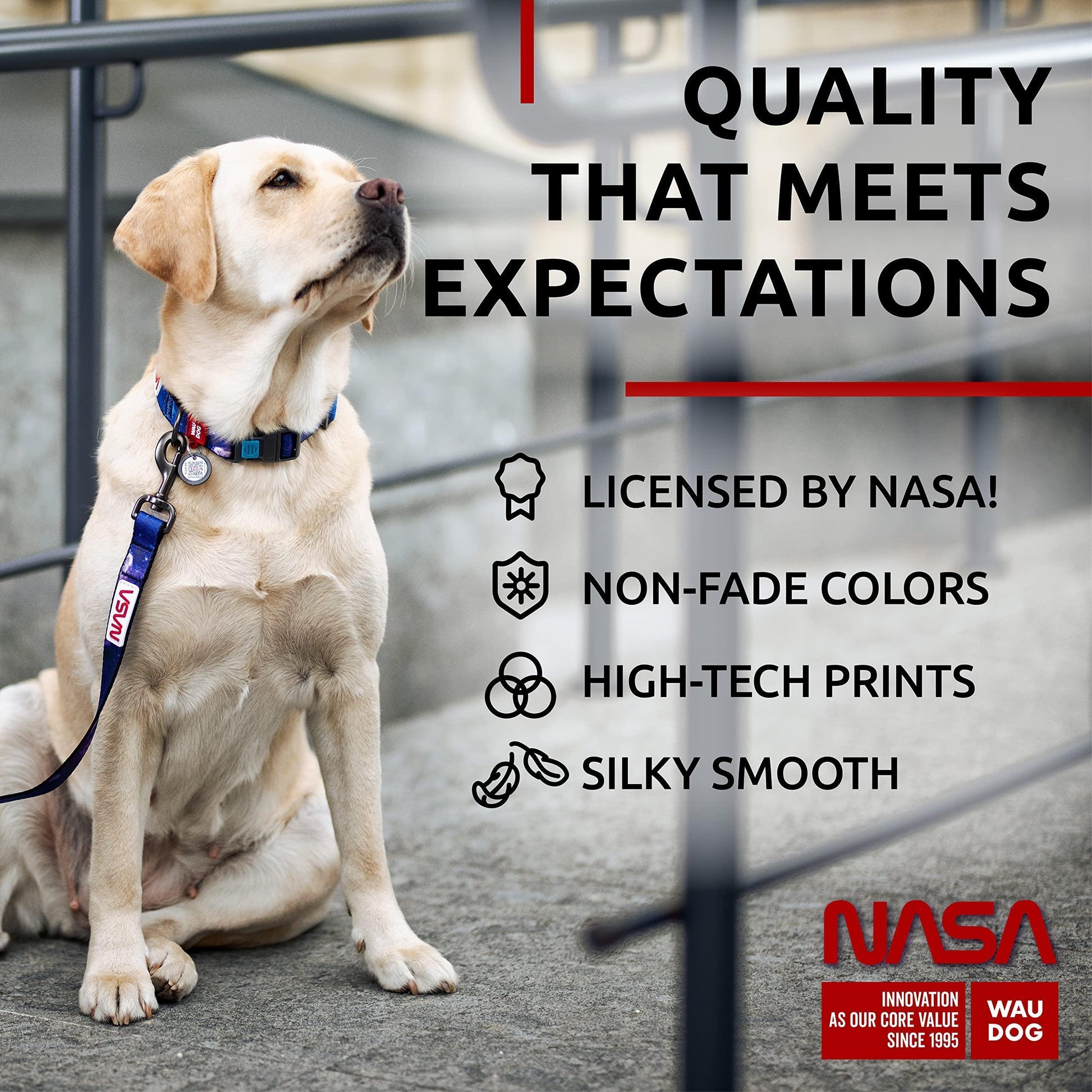 WAUDOG Adjustable Nylon Dog Collar with Durable Plastic Buckle and QR Dog Tag. LARGE (NASA-2 Print) For Pet With Love