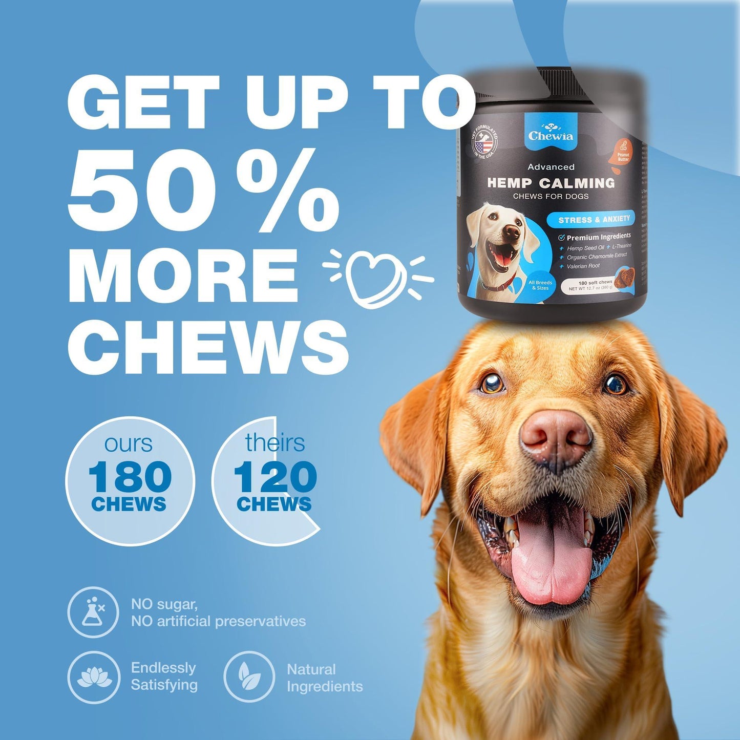 CHEWIA Hemp Calming  Treats & Anxiety Relief for Dogs 180 Chews For Pet With Love