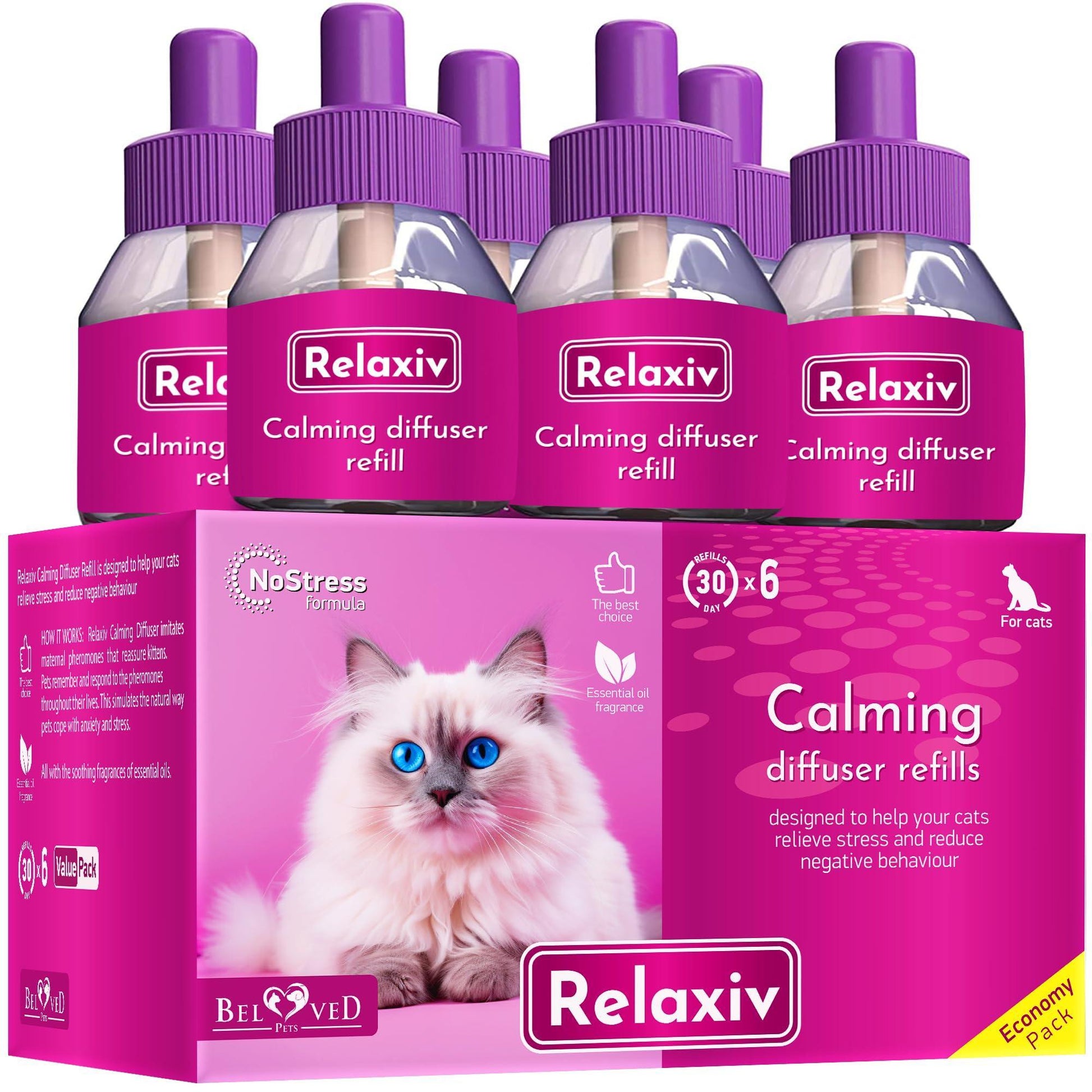 Beloved Pets RELAXIV Calming  & Anti Anxiety Cat Diffuser Refil. Feline Calming Pheromones. Cat Stress Relief & Comfort. 30-day Refill Bottle (6-pack) For Pet With Love