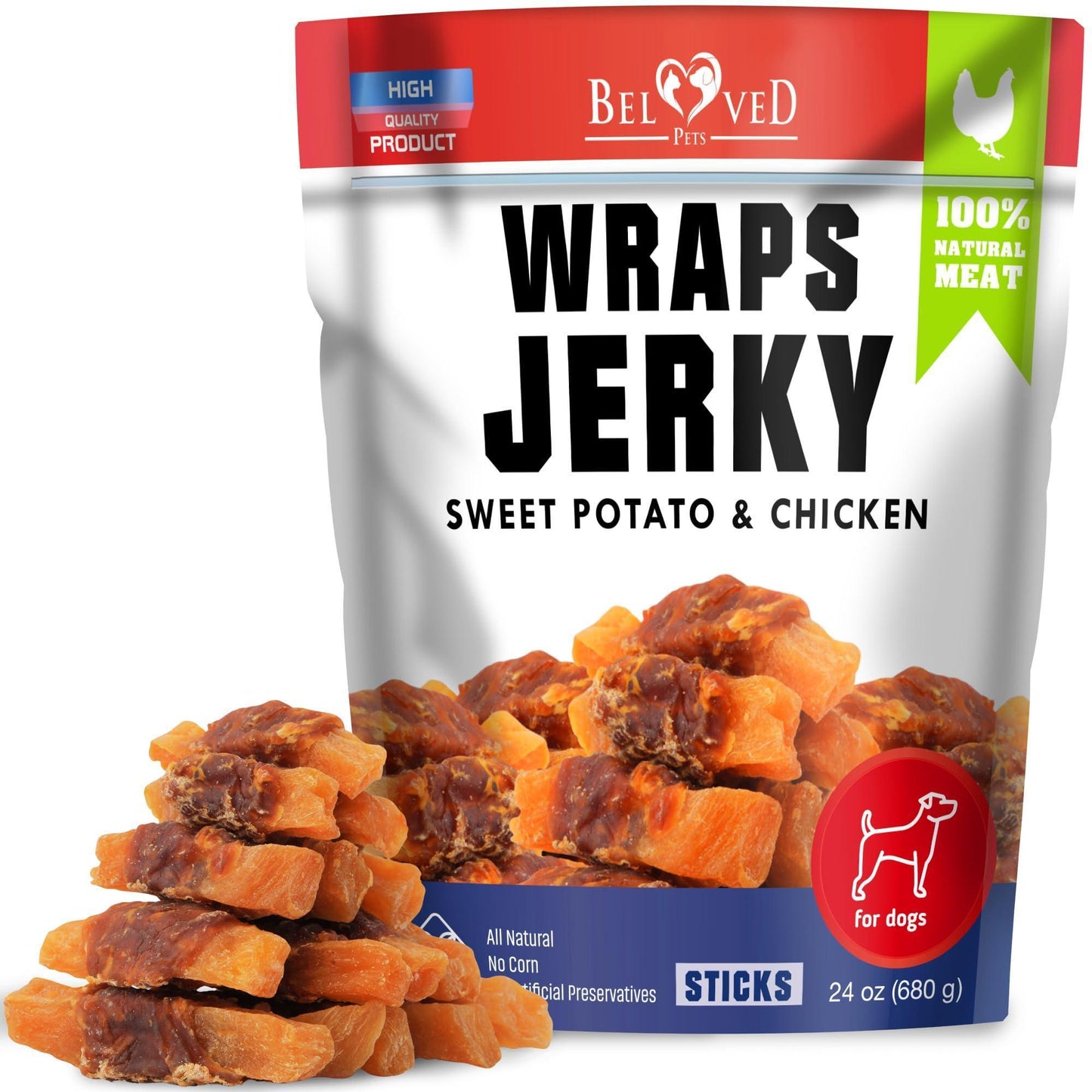 Beloved Pets All Natural Sweet Potato & Chicken Jerky Wraps Dog Treats 24 Oz For Pet With Love