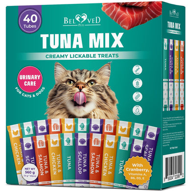 Box of Beloved Pet Tuna Mix creamy lickable treats for cats and dogs with a cat on the front.