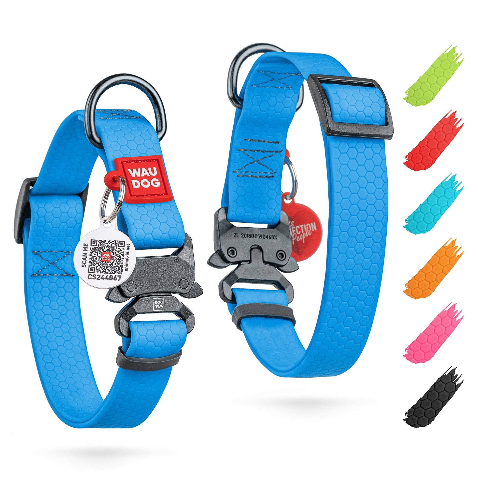 WAUDOG Adjustable Waterproof Heavy Duty Dog Collar with Durable Metal Clasp and QR Dog Tag. SMALL (Blue) For Pet With Love