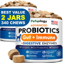 Load image into Gallery viewer, PETSOLOGY Probiotics, Digestive Enzymes &amp; Prebiotics for Dogs. Advanced Supplement helps Itchy Skin and Allergies. Supports Gut Health. Diarrhea, Gas &amp; Constipation Relief (2 Pack) 340 Chews For Pet With Love
