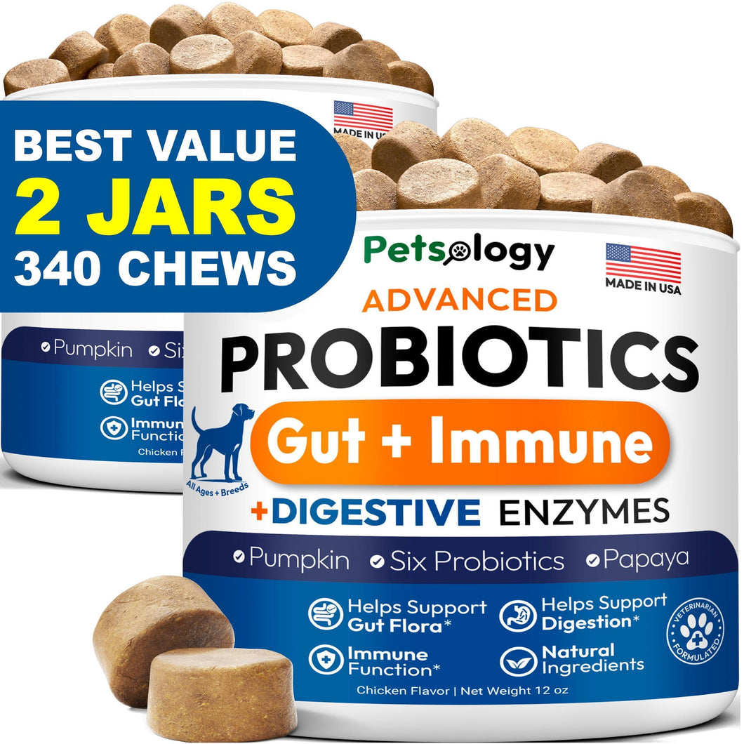 PETSOLOGY Probiotics, Digestive Enzymes & Prebiotics for Dogs. Advanced Supplement helps Itchy Skin and Allergies. Supports Gut Health. Diarrhea, Gas & Constipation Relief (2 Pack) 340 Chews For Pet With Love