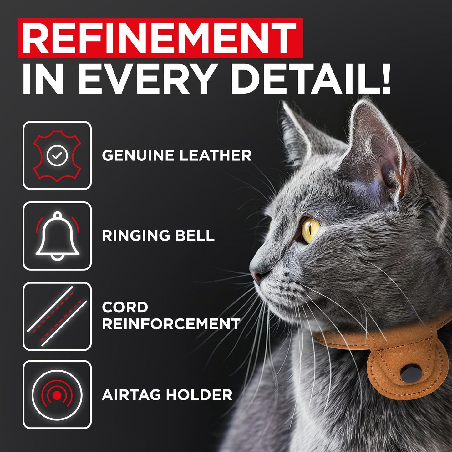 WAUDOG Leather Adjustable  Cat Collar with Airtag Holder and Removable Bell (Brown. Small) For Pet With Love