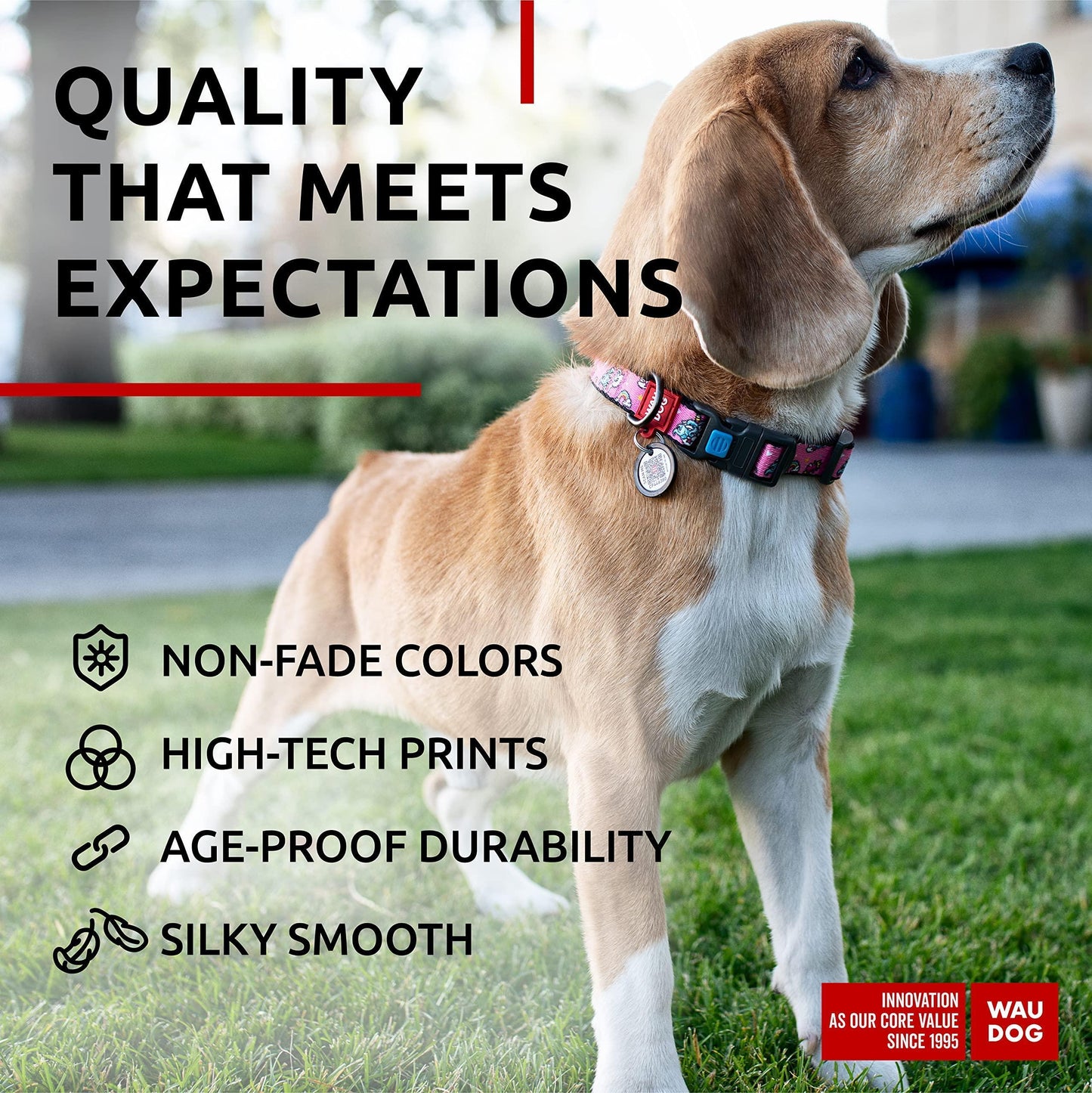 WAUDOG Adjustable Nylon Dog Collar with Durable Plastic Buckle and QR Dog Tag. UNICORNS. MEDIUM For Pet With Love