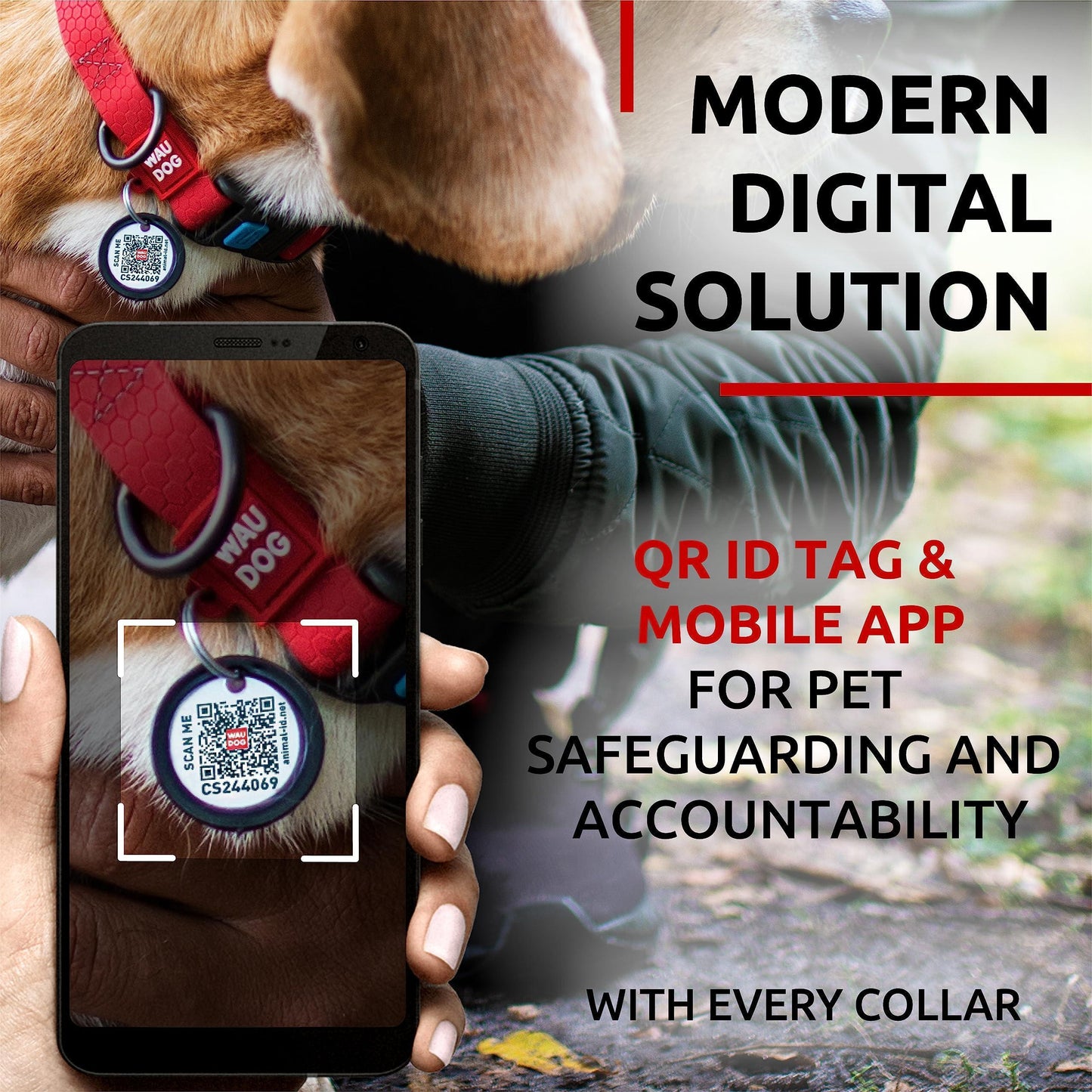 WAUDOG Adjustable Waterproof Heavy Duty Dog Collar with Durable Plastic Buckle and QR Dog Tag. MEDIUM (Red) For Pet With Love