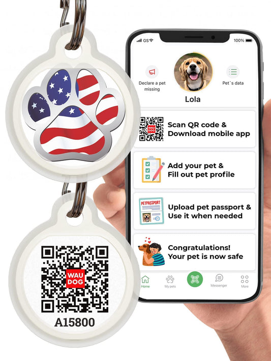 WAUDOG Silicone QR Code Pet ID Tags for Dogs & Cats (US Flag) For Pet With Love