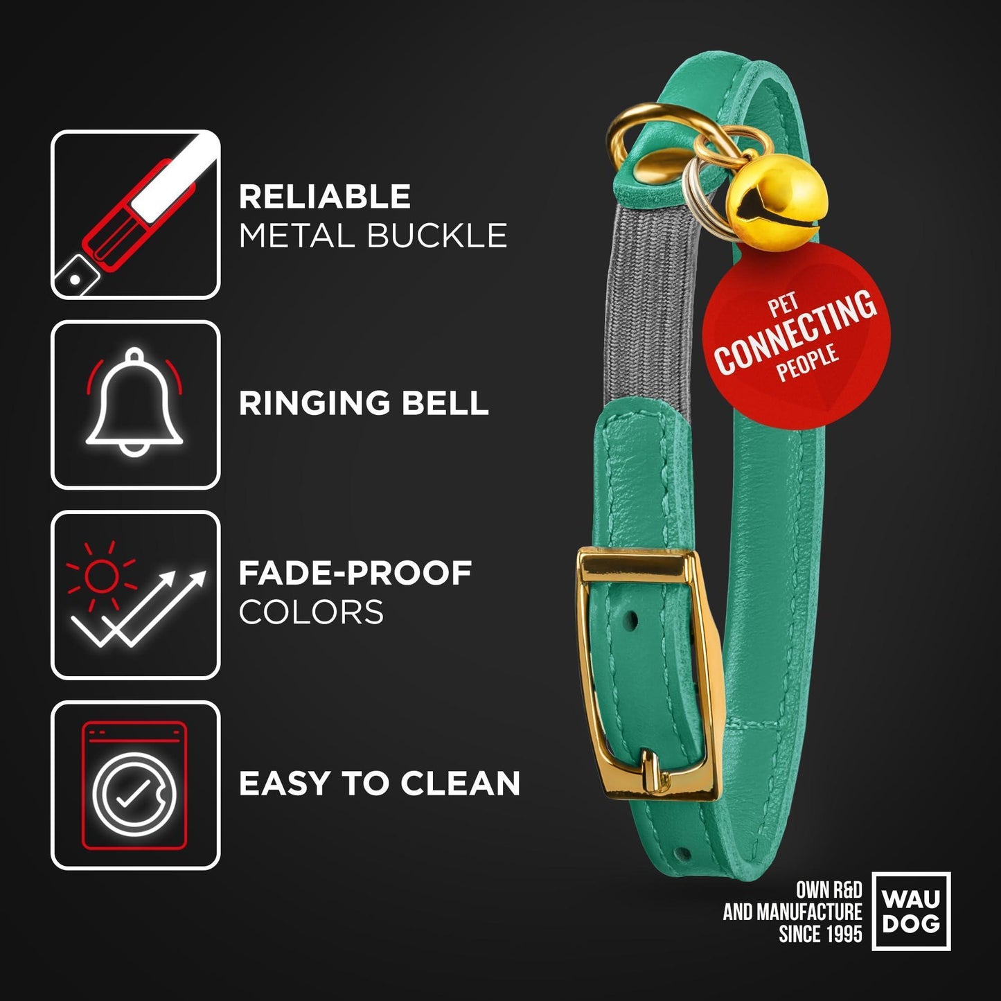 WAUDOG Ultra Soft Rolled Leather Cat Collar with Removable Bell Safety Elastic Strap and QR ID Tag. Mint Green. (Medium) For Pet With Love