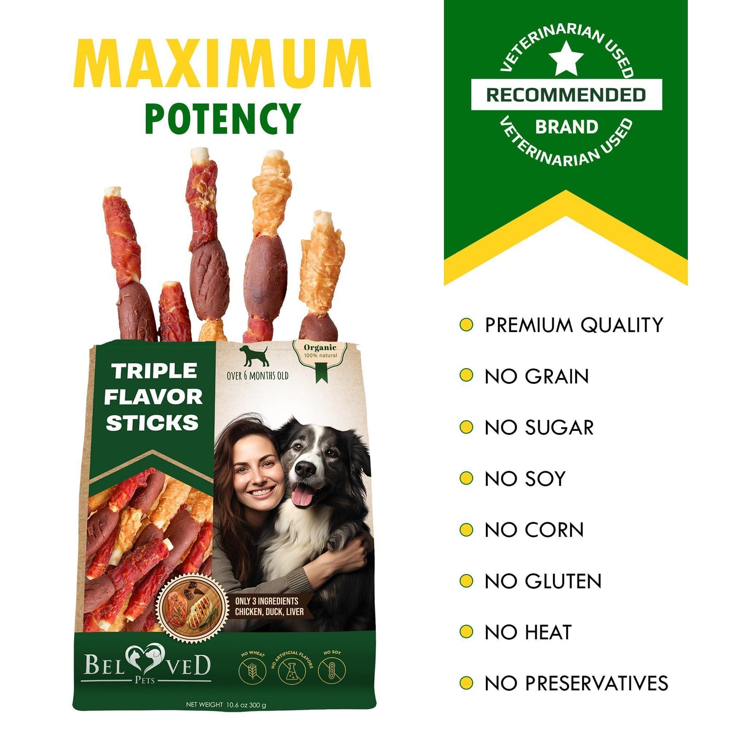 Beloved Pets Triple Flavor Rawhide Dog Treats w/Duck, Chicken & Liver 10.6 Oz For Pet With Love