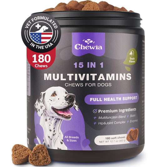 CHEWIA 15in1 Dog Multivitamin Immune Support, Skin & Coat, Mobility Support 180 Ct For Pet With Love