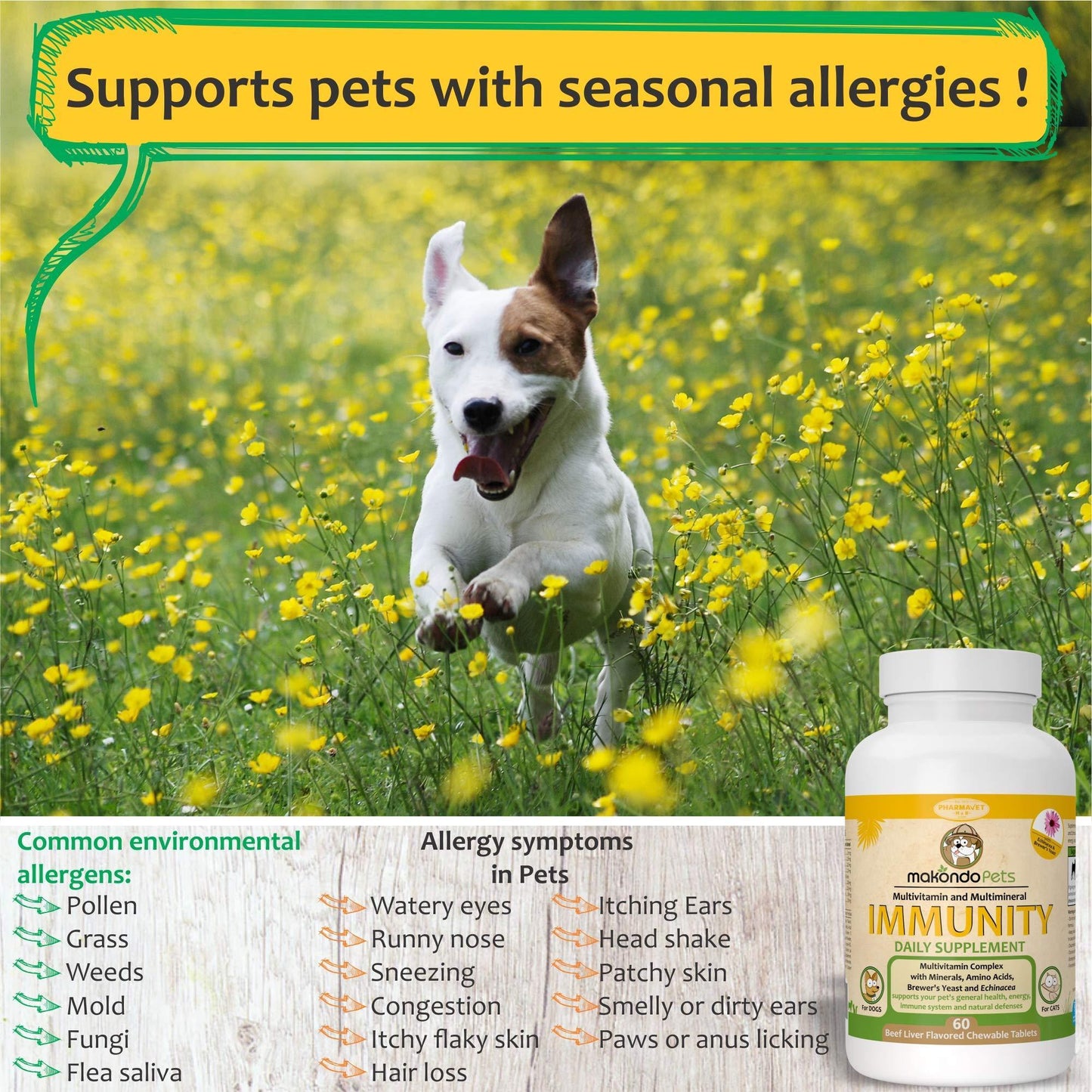 Makondo Pets Allergy Relief and Immune Support Supplement for Dogs 60 Tablets For Pet With Love