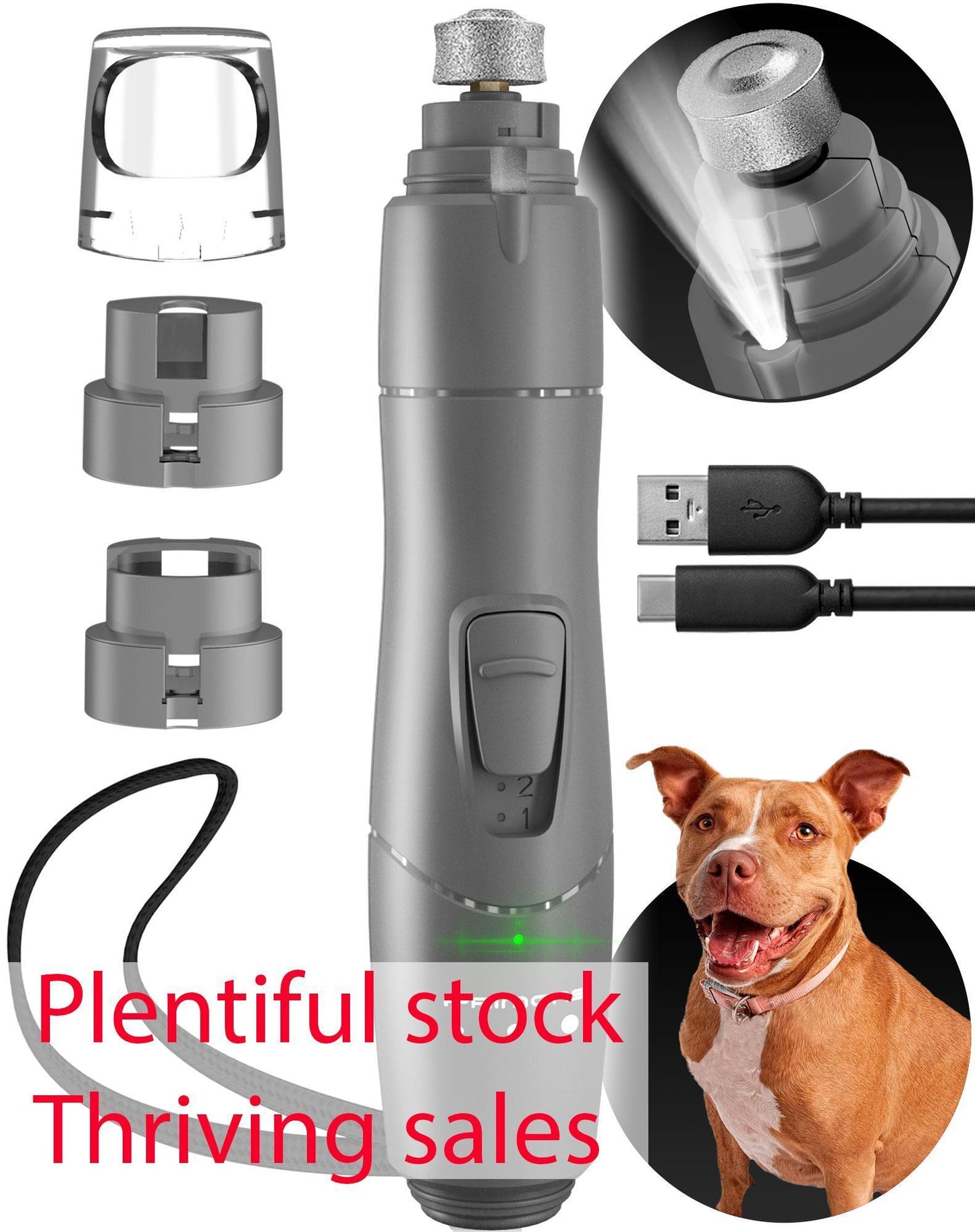 PRIMENS Rechargeable Dog Nail Grinder with LED Light (Gray) For Pet With Love