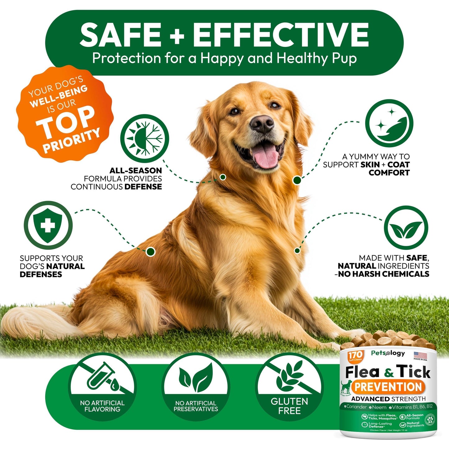 PETSOLOGY Natural  Flea and Tick Prevention Treatment for Dogs Vet Formulated Oral Defense Supplement for All Breeds & Ages 170 Soft Chews Made in USA For Pet With Love