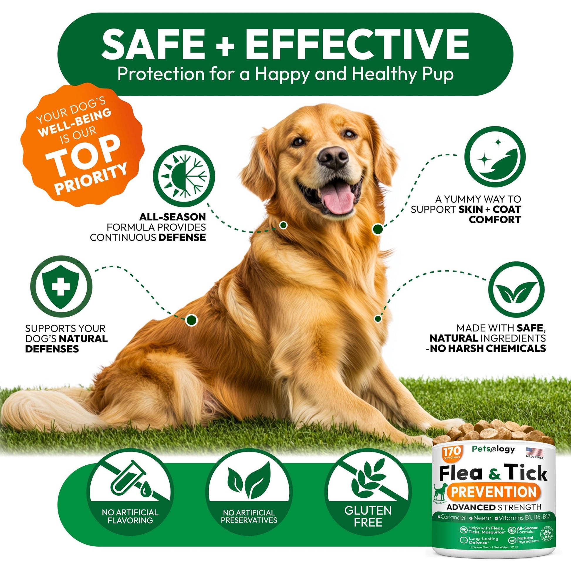 PETSOLOGY Natural  Flea and Tick Prevention Treatment for Dogs Vet Formulated Oral Defense Supplement for All Breeds & Ages 170 Soft Chews Made in USA For Pet With Love