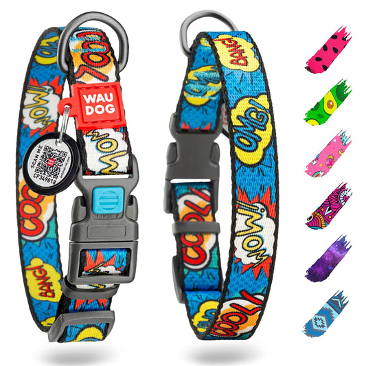 WAUDOG Nylon Adjustable Dog Collar with Durable Plastic Buckle and QR Dog Tag (XL)