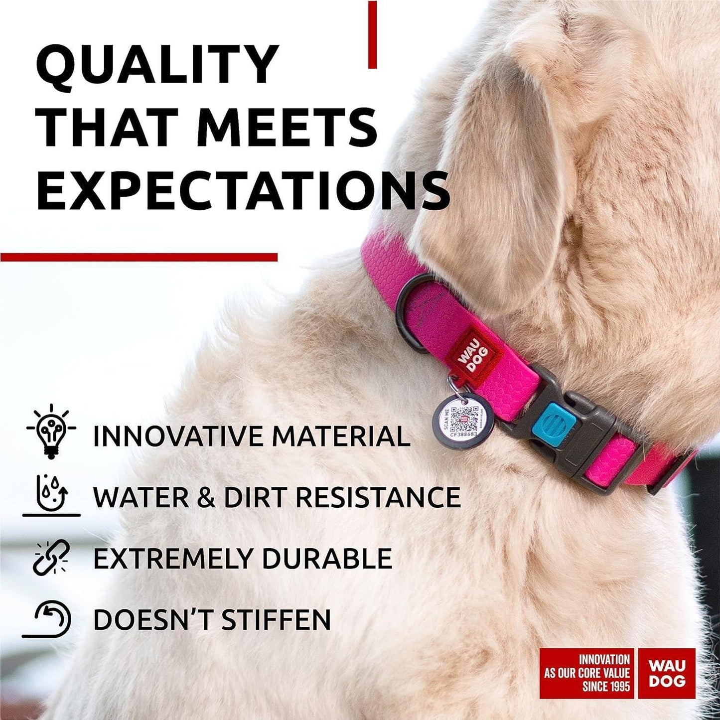 WAUDOG Adjustable Waterproof Heavy Duty Dog Collar with Durable Plastic Buckle and QR Dog Tag. XXLARGE (Pink) For Pet With Love