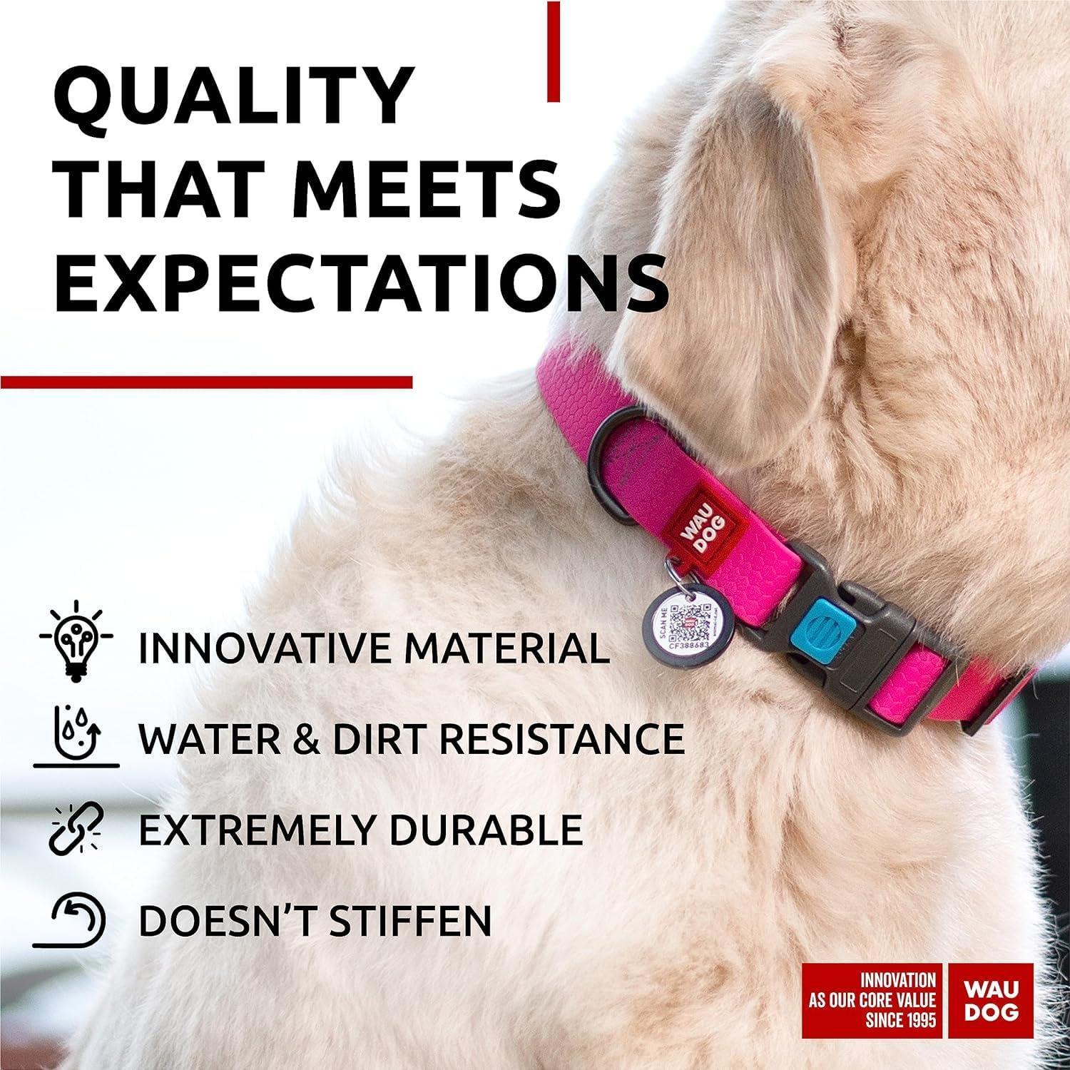 WAUDOG Adjustable Waterproof Heavy Duty Dog Collar with Durable Plastic Buckle and QR Dog Tag. XXLARGE (Pink) For Pet With Love