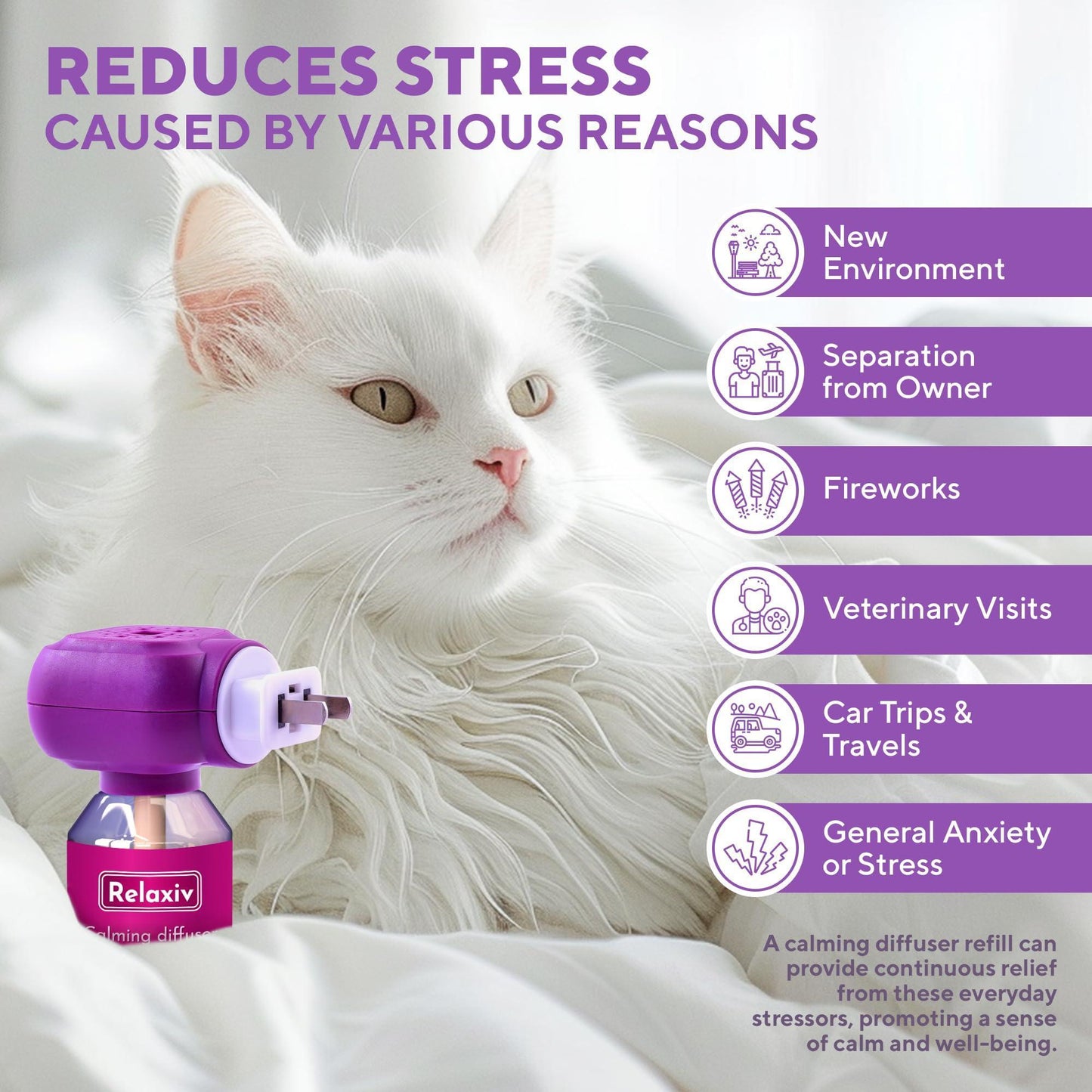 Beloved Pets RELAXIV Cat Calming Diffuser & Anti Anxiety Support. Feline Calm Pheromones Plug in Stress Relief Comfort. 2 Pack (2 Diffusers + 2 Refills) For Pet With Love
