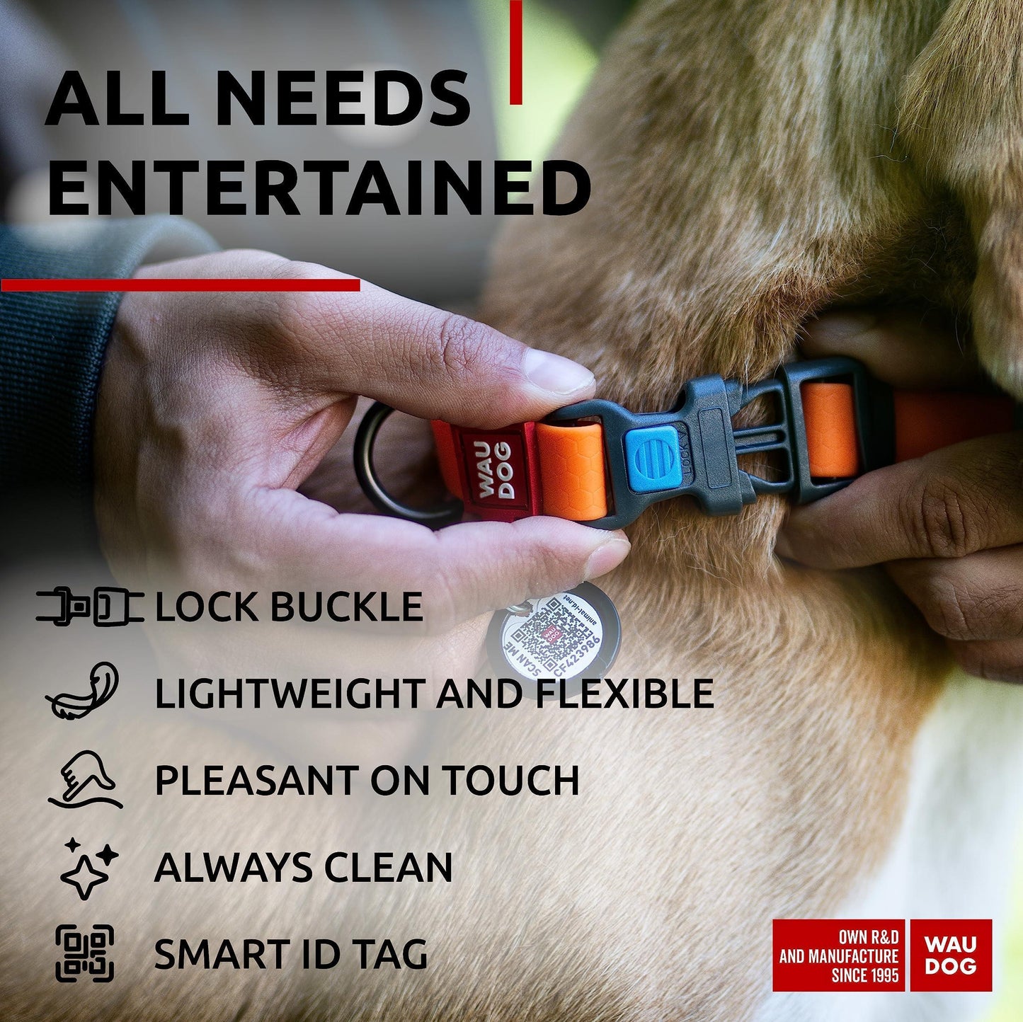 WAUDOG Adjustable Waterproof Heavy Duty Dog Collar with Durable Plastic Buckle and QR Dog Tag. SMALL (Orange) For Pet With Love