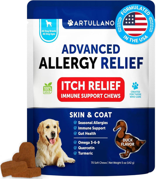 Artullano Dog Itching Skin & Coat Anti Itch, Hot Spots, and Allergy Relief Treatment. Immune Health Supplement for Dogs with Fish Oil and Omega 3. 70 Treats. Duck Flavor. For Pet With Love